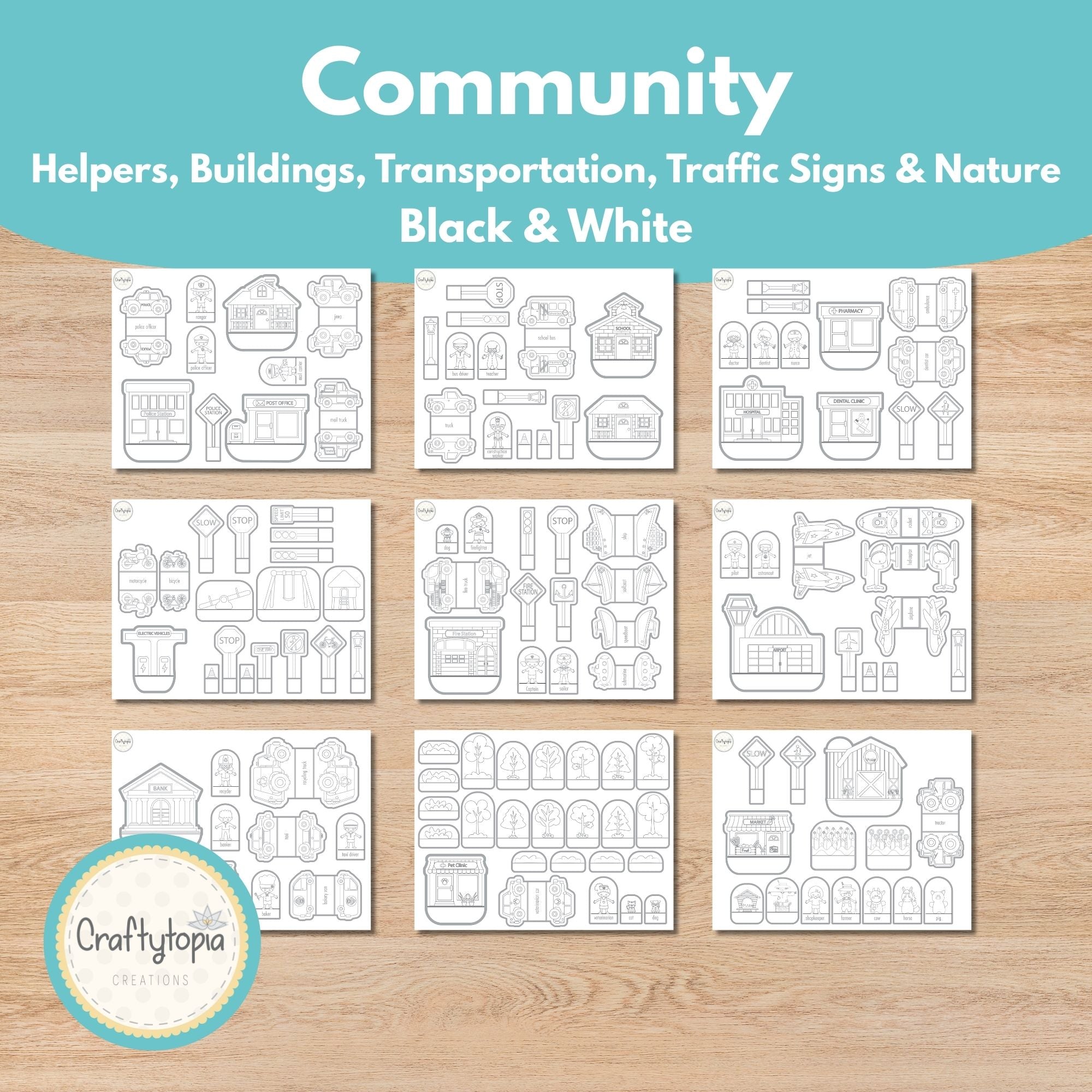 Printable 3D Paper City Puppets Scene Kids Activity for coloring