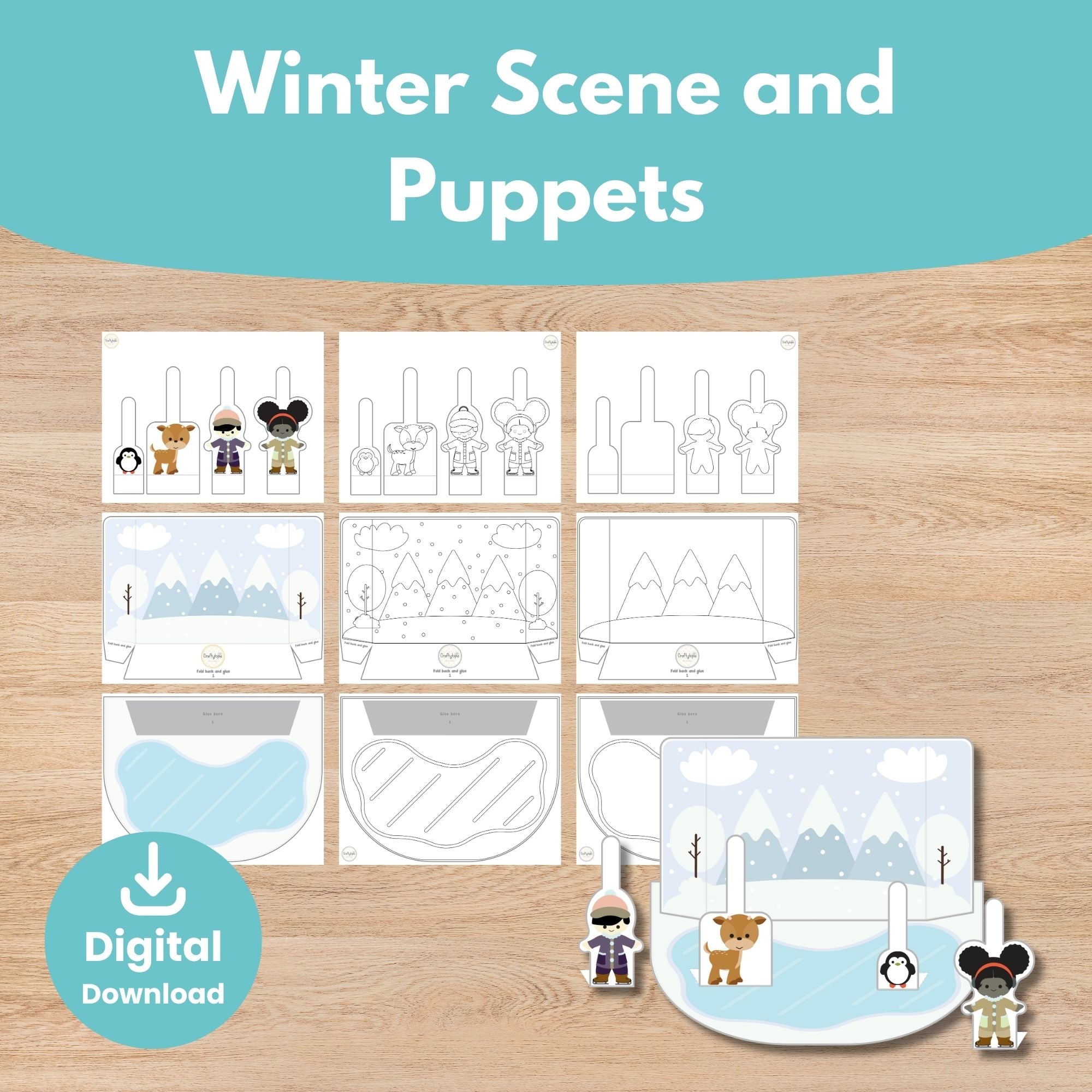 Printable Winter Scene and Puppets Kids Storytelling Activity for coloring