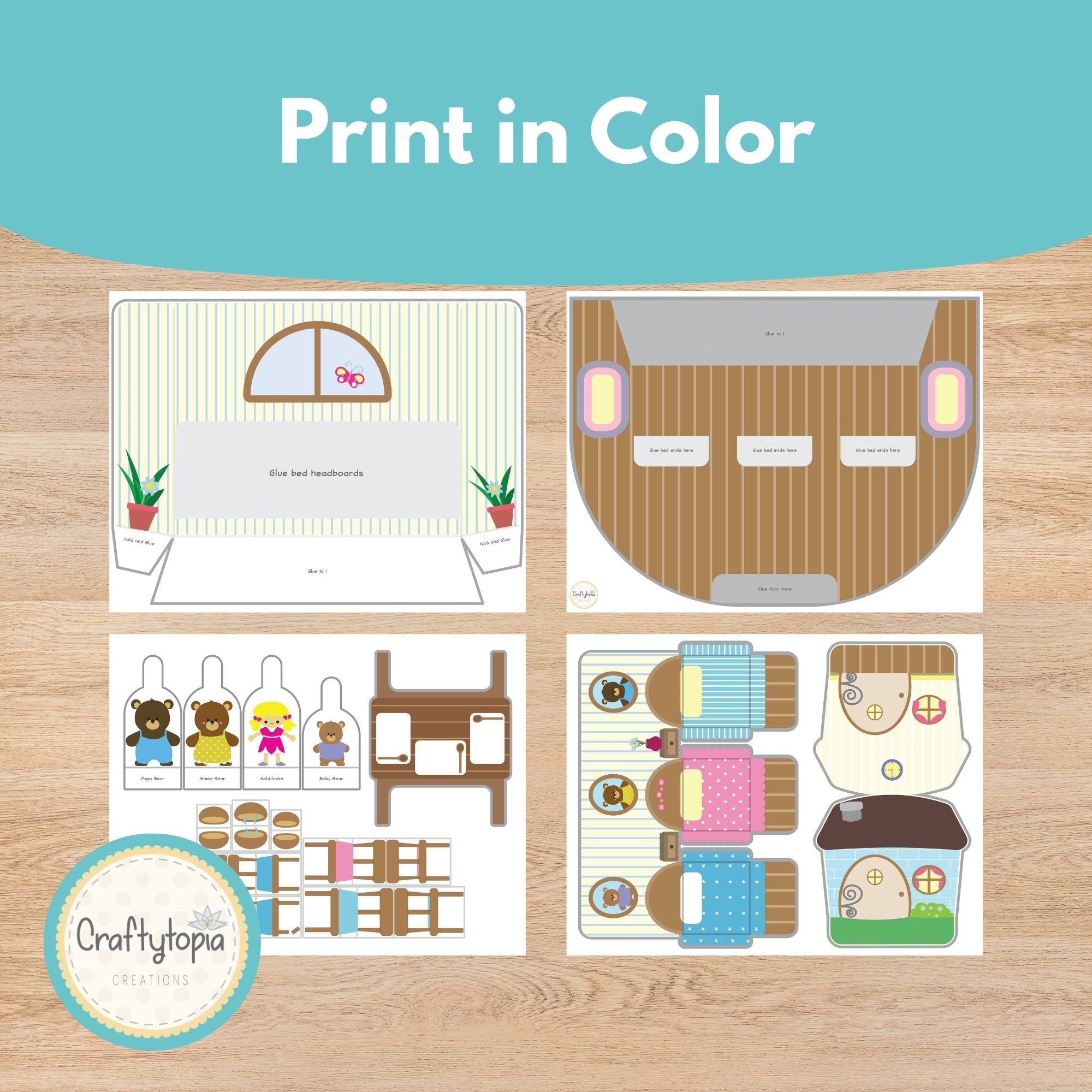 Printable Goldilocks and Three Bears Puppets Scene Kids Activity