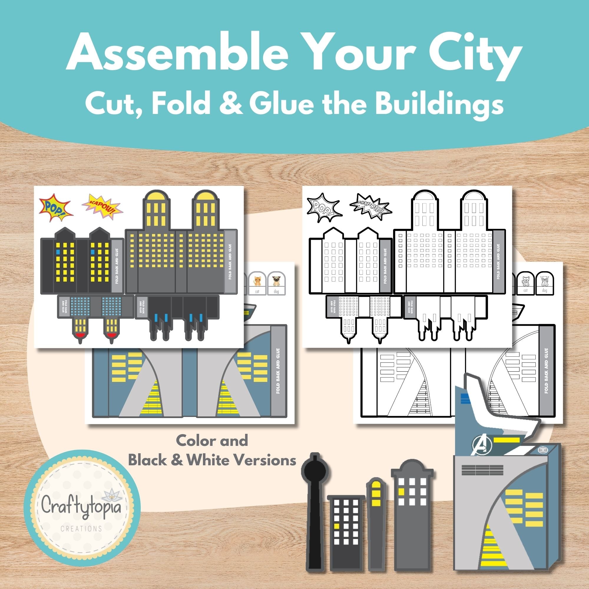 Printable 3D Superhero Paper City Puppets Scene Kids Activity