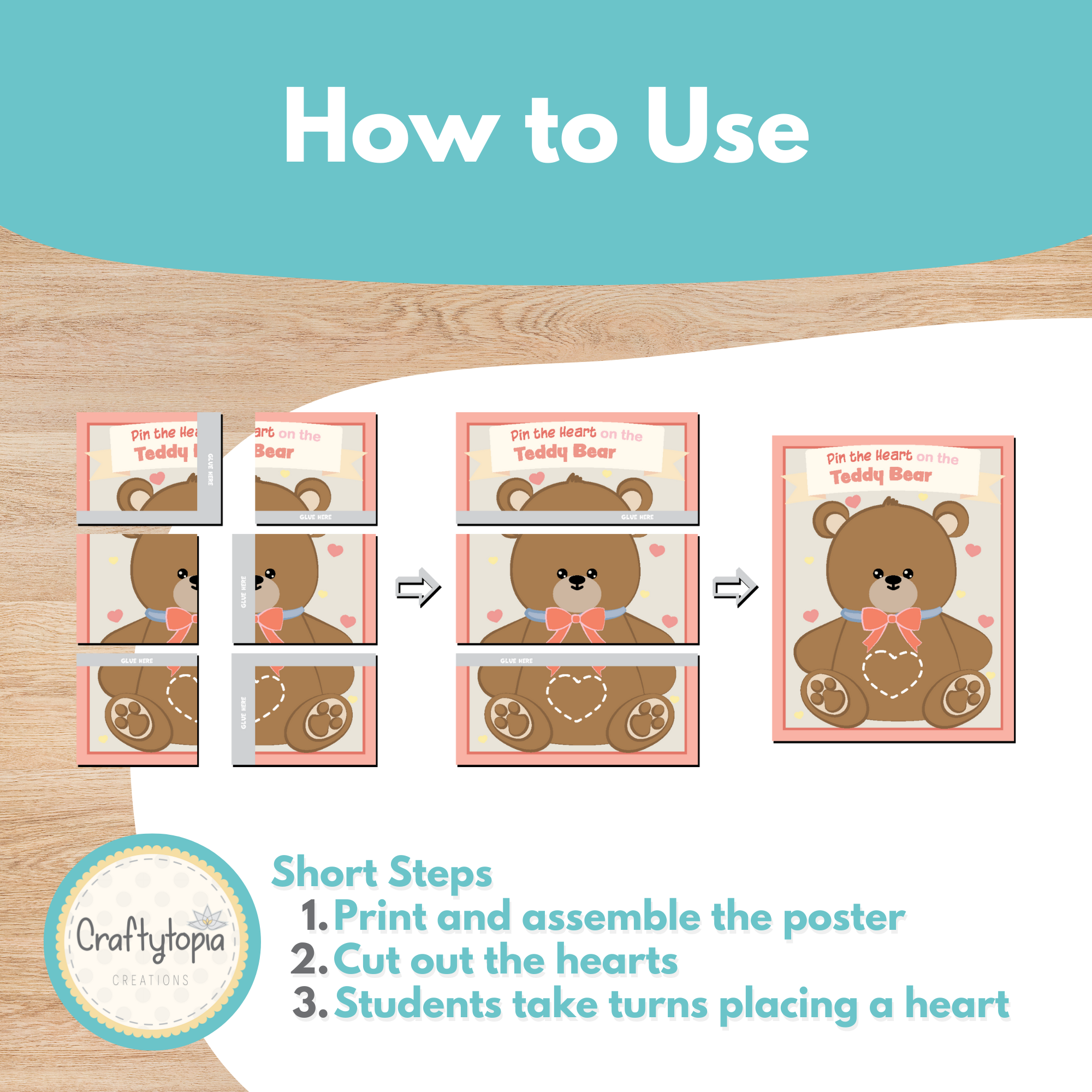 Printable Pin the Heart on the Teddy Bear Kids Game