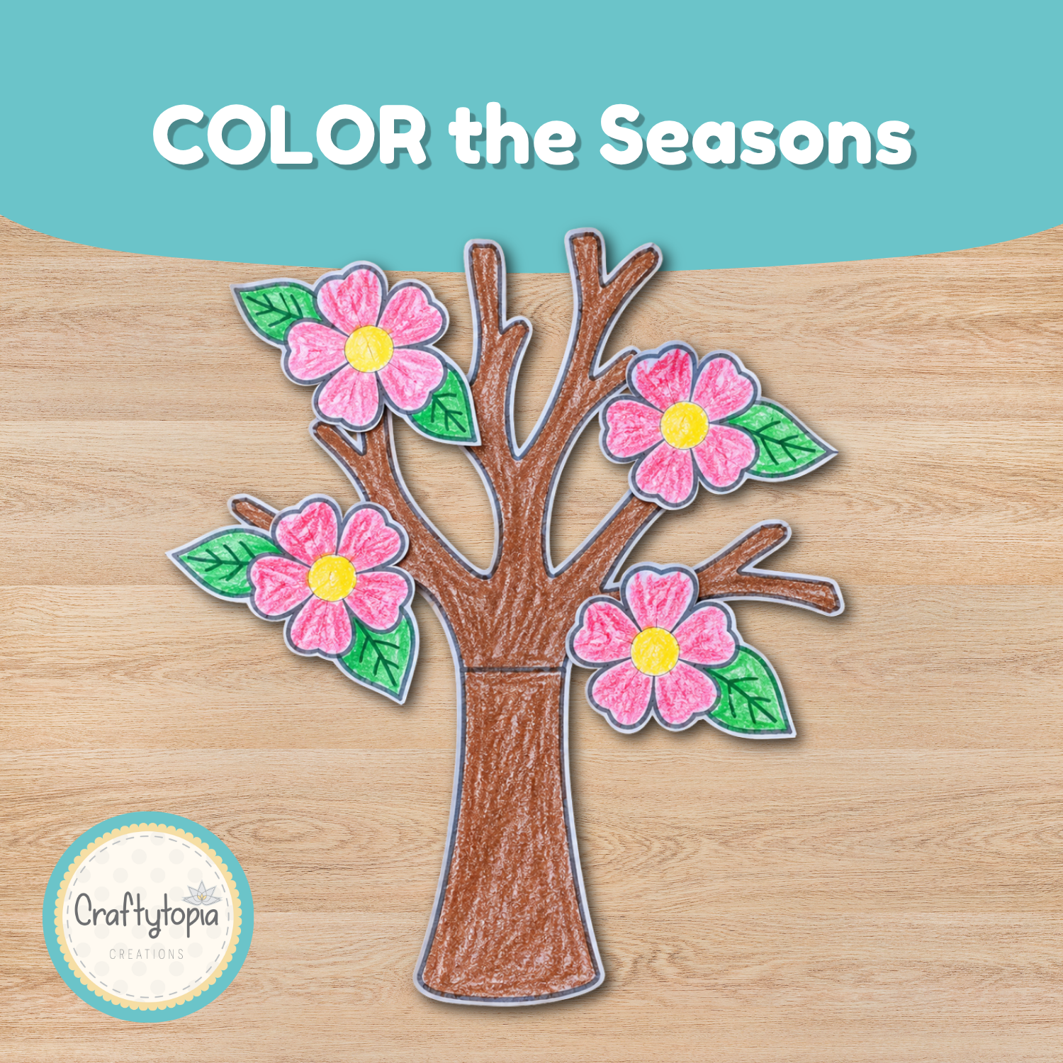 Four Seasons Tree Pin Game for kids featuring a hand-colored spring tree with pink flowers and green leaves, printable seasonal activity for preschool, kindergarten, and homeschool
