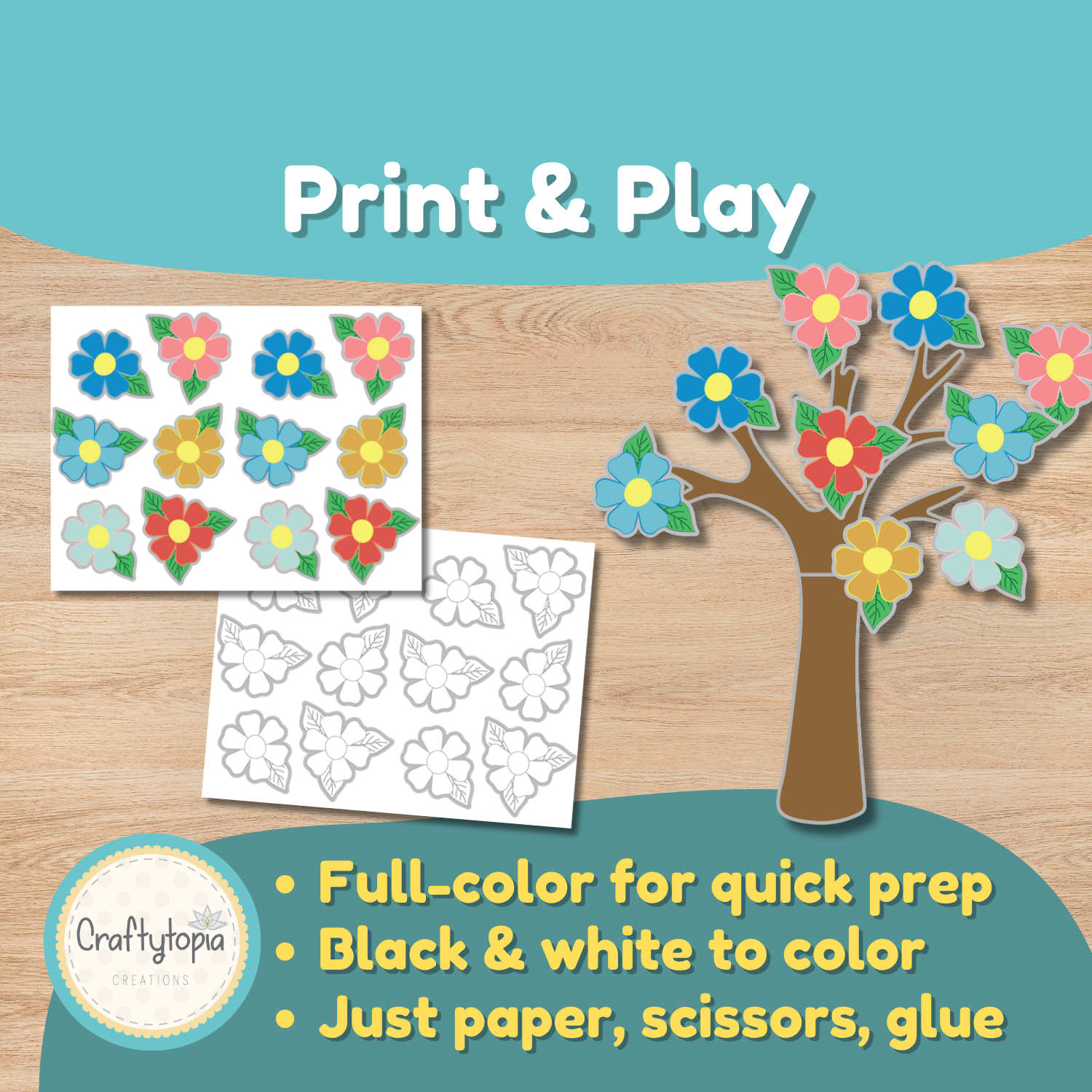 Four Seasons Tree Pin Game worksheet activity with printable tree, snowflakes, flowers, and leaf templates for coloring and cutting