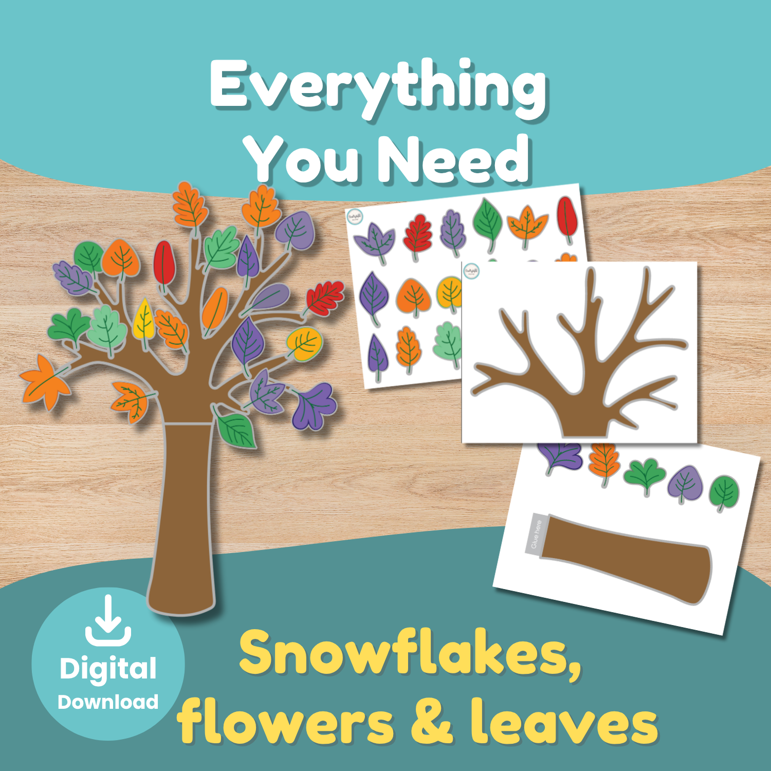 Four Seasons Tree Pin Game printable craft with tree pieces, colorful leaves, snowflakes, and flowers for spring, summer, fall, and winter