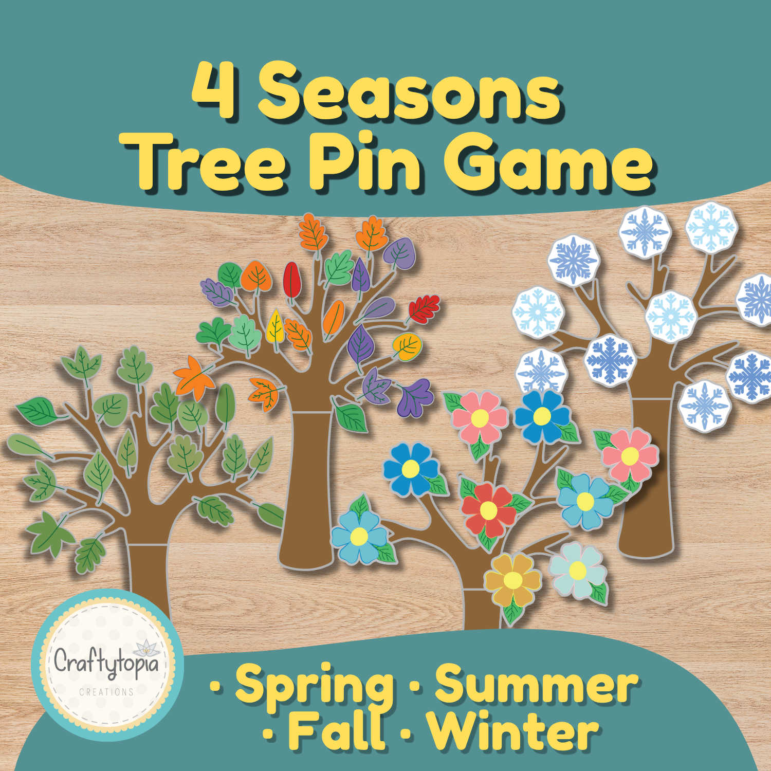Four Seasons Tree Pin Game printable activity with colorful spring flowers, fall leaves, winter snowflakes, and black-and-white pieces for kids