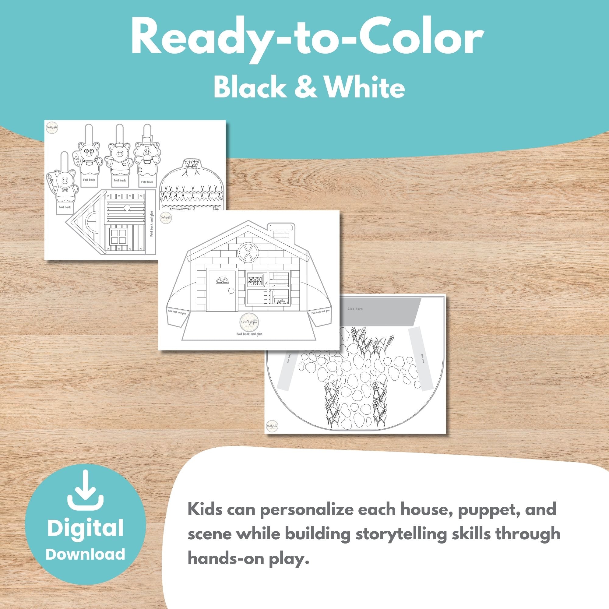 Printable Three Little Pigs Puppets Scene Kids Activity for coloring