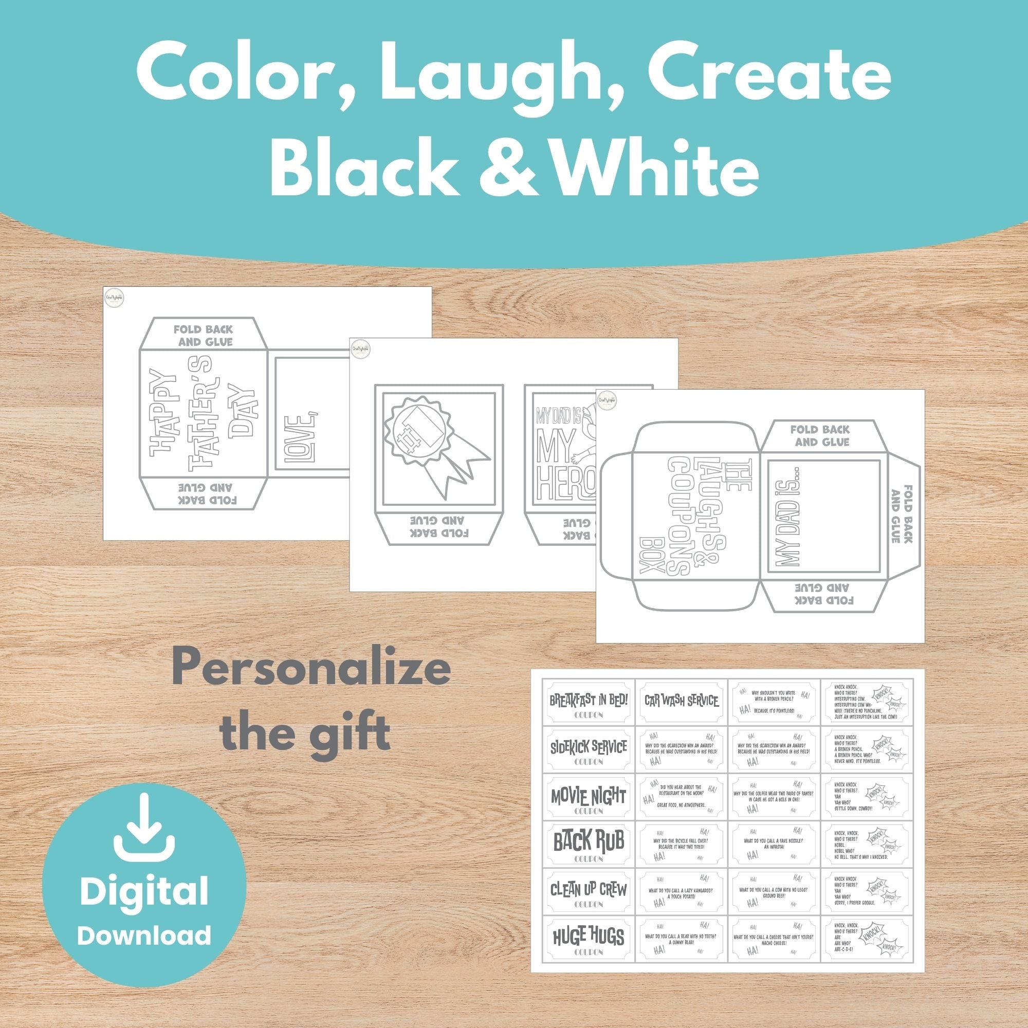 Printable Father's Day Box with Jokes and Coupons Kids Activity for coloring