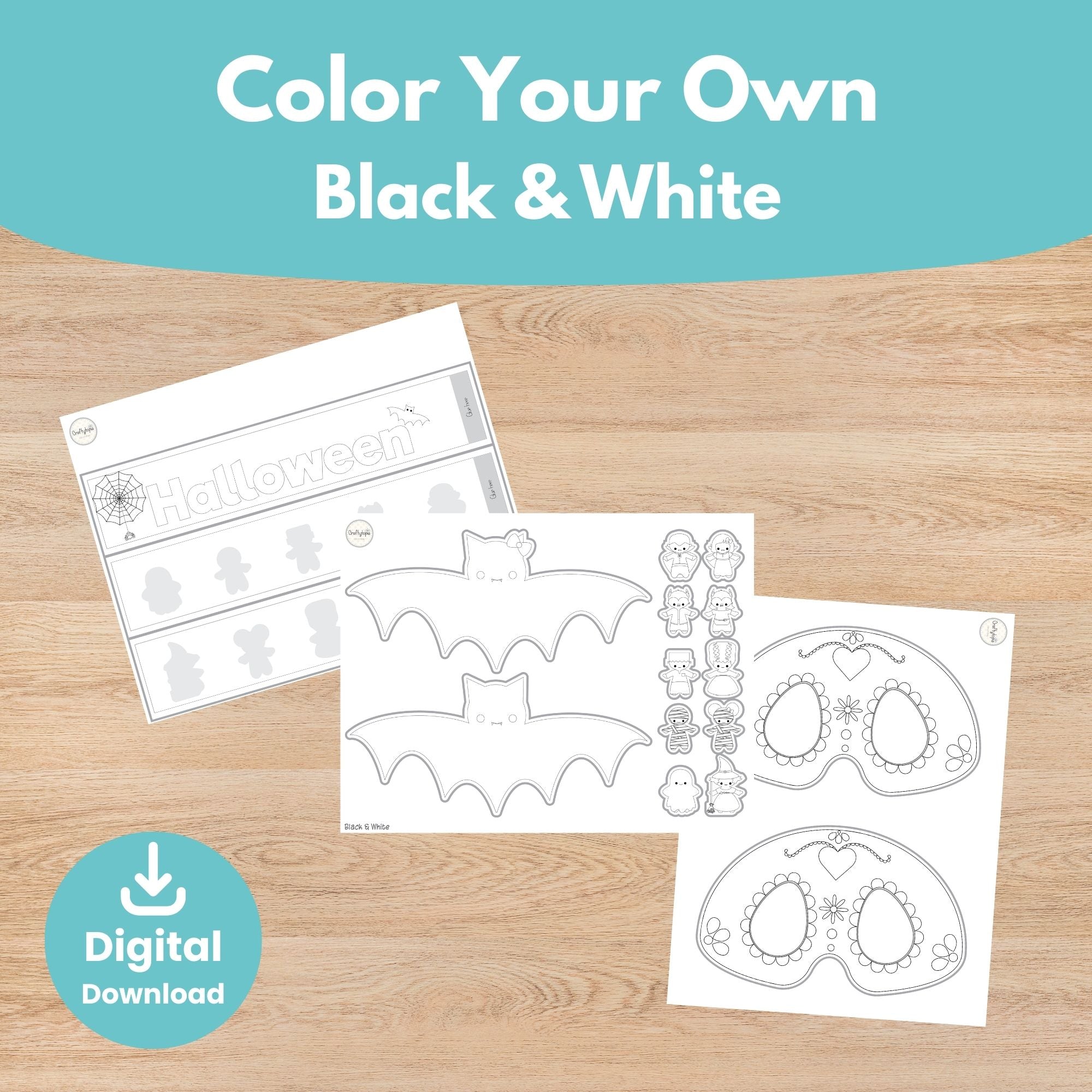 Printable Halloween Crown, Mask, Puppet Craft Kids Activity for coloring