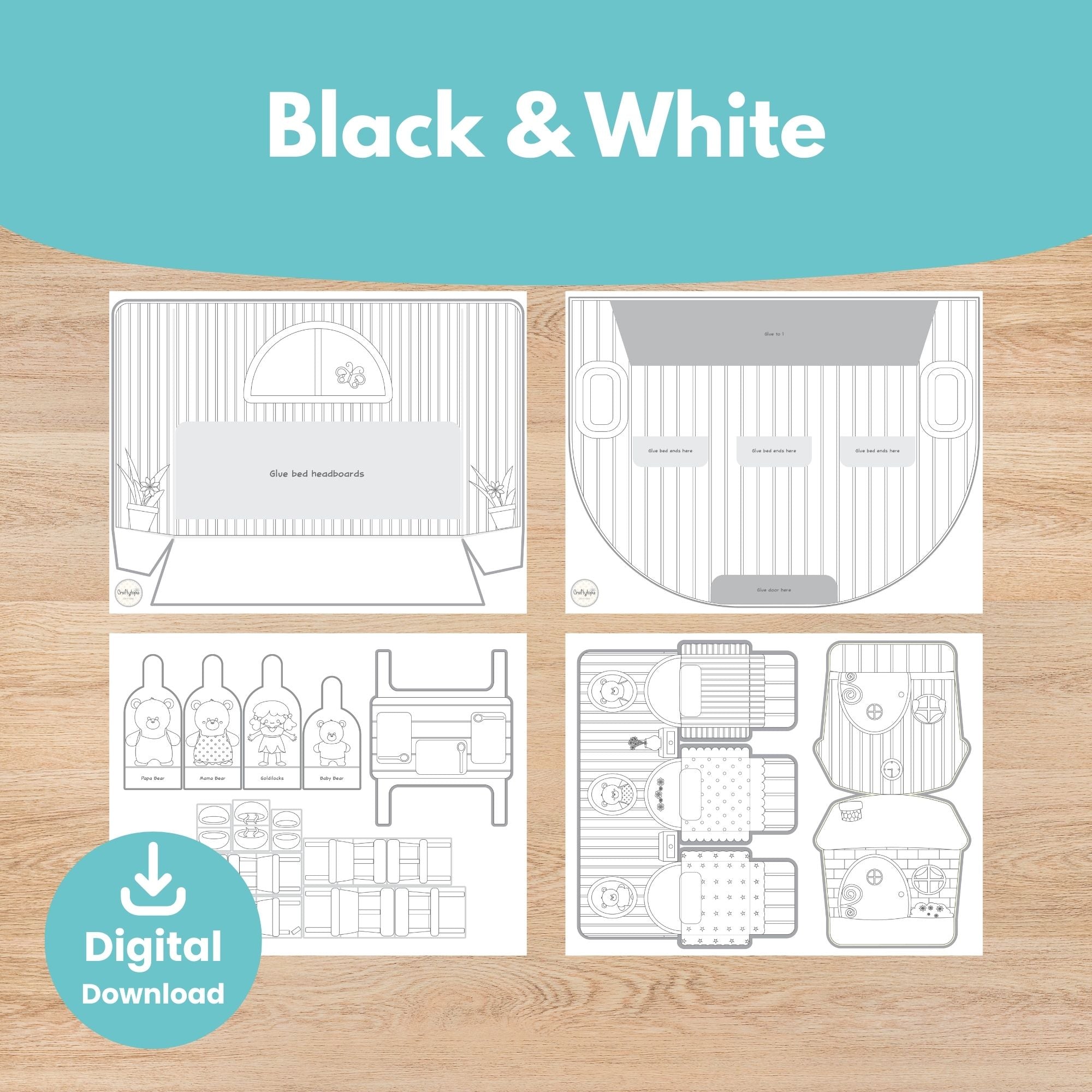 Printable Goldilocks and Three Bears Puppets Scene Kids Activity for coloring