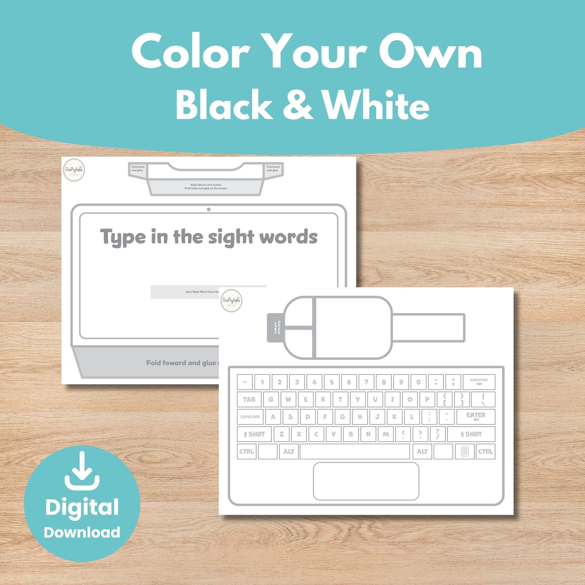 Printable Sight Words Laptop Kids Activity for coloring