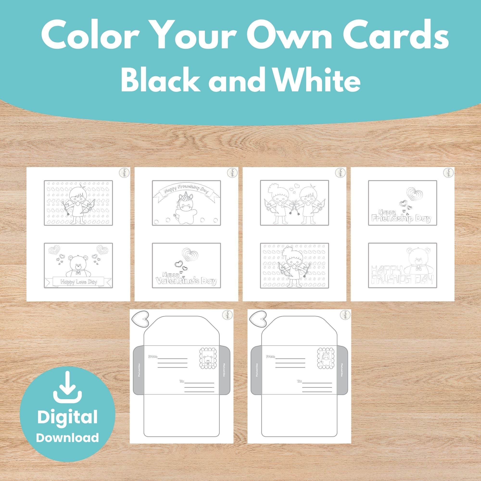 Printable Valentine Cards with Envelopes Kids Activity for coloring