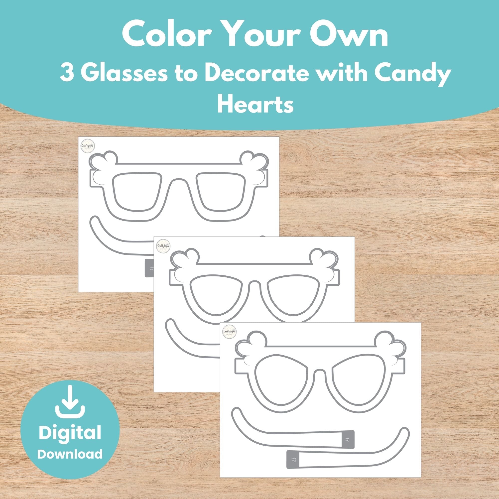 Printable Valentine Giant Candy Hearts Glasses Kids Activity for coloring