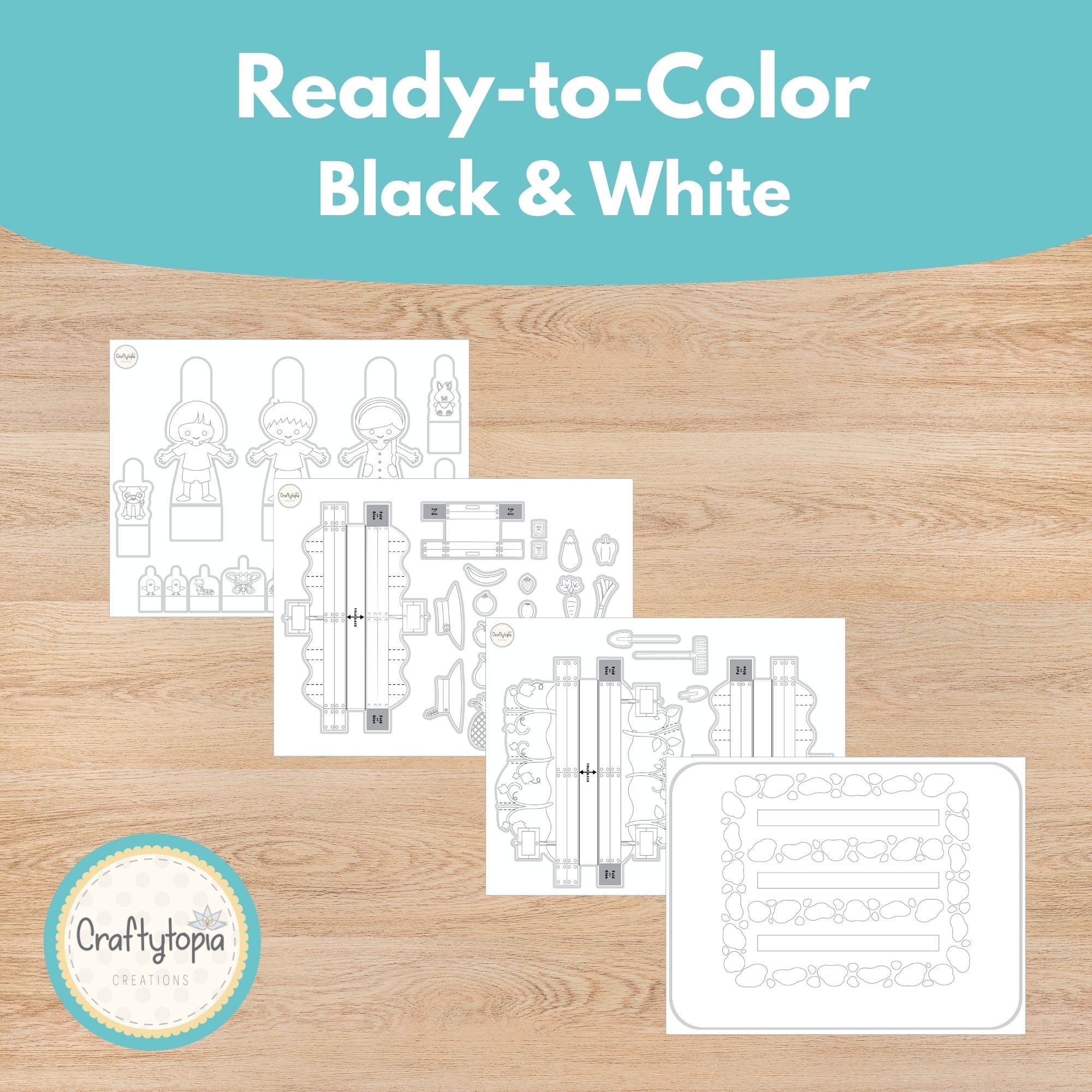 Printable Vegetable Scene Puppets Kids Activity for coloring