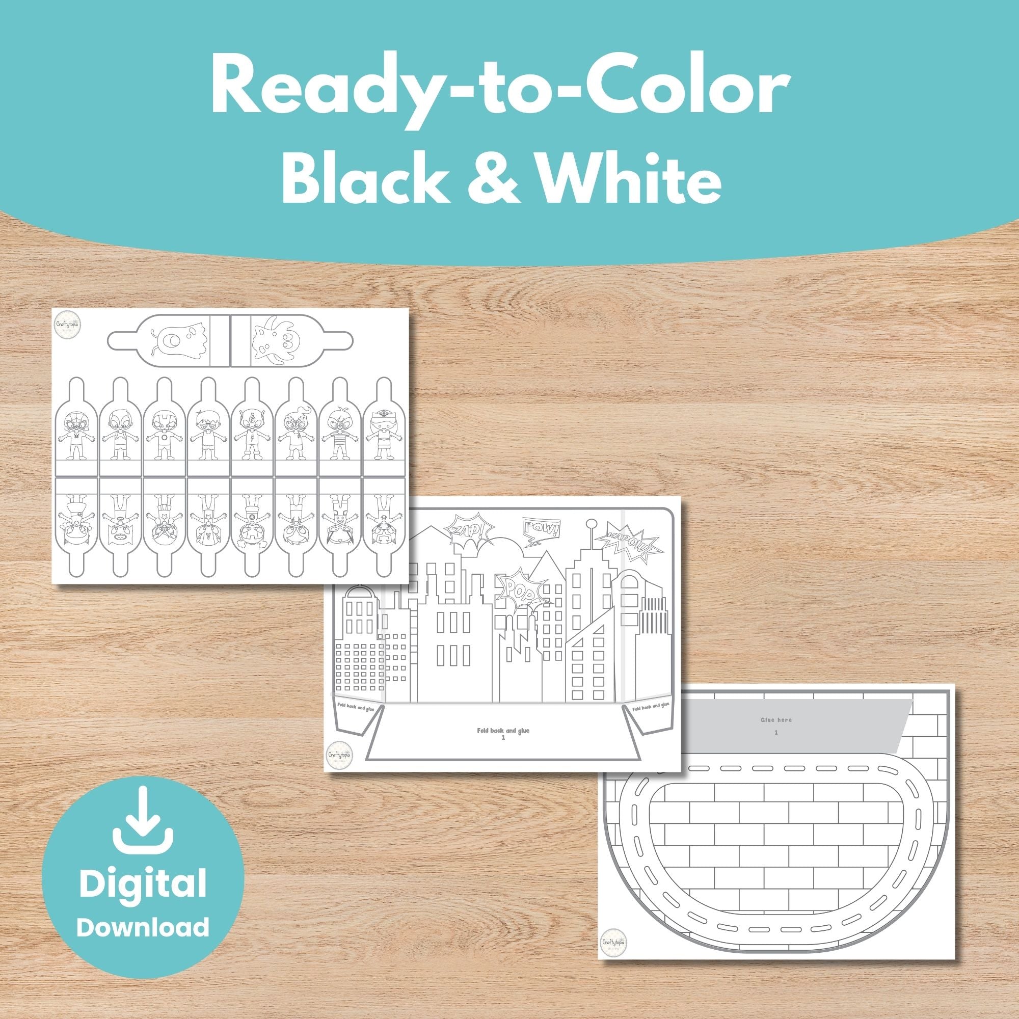 Printable Superhero Scene and Puppets Kids Storytelling Activity for coloring