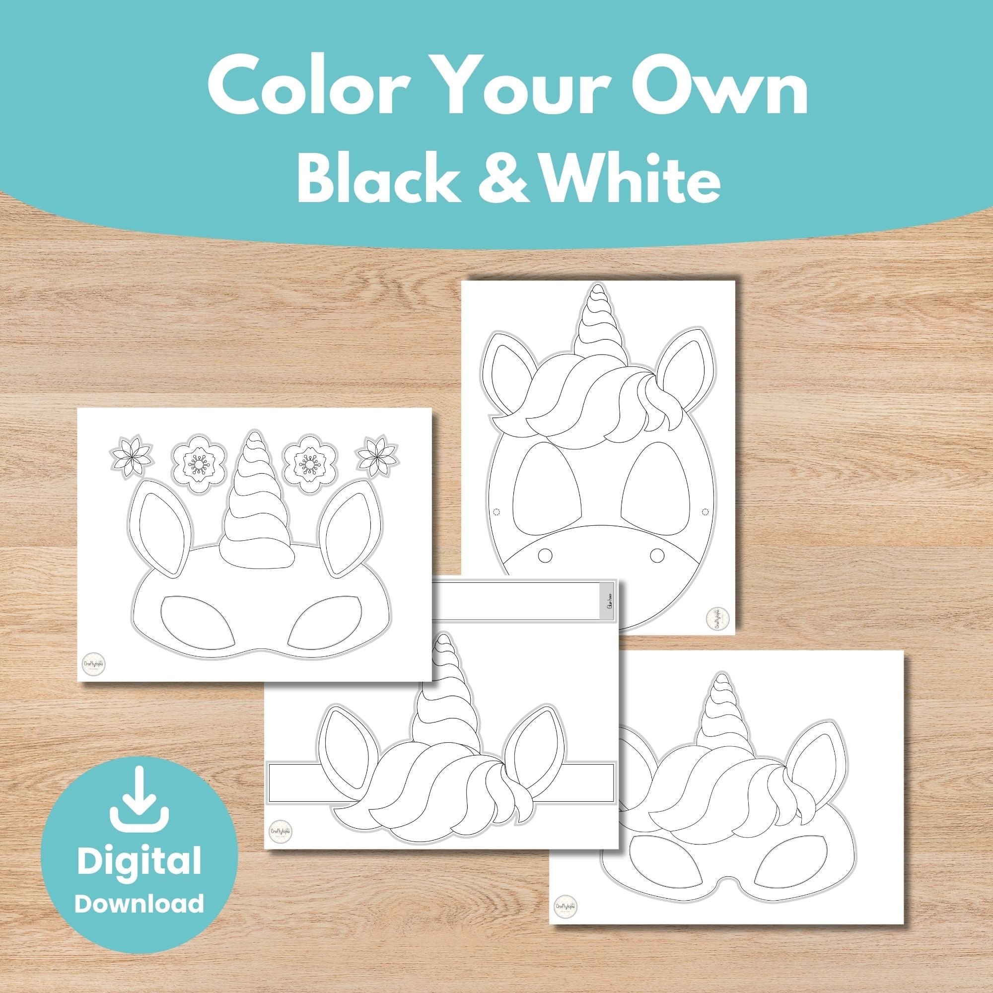 Printable Unicorn Masks and Crown Kids Activity for coloring