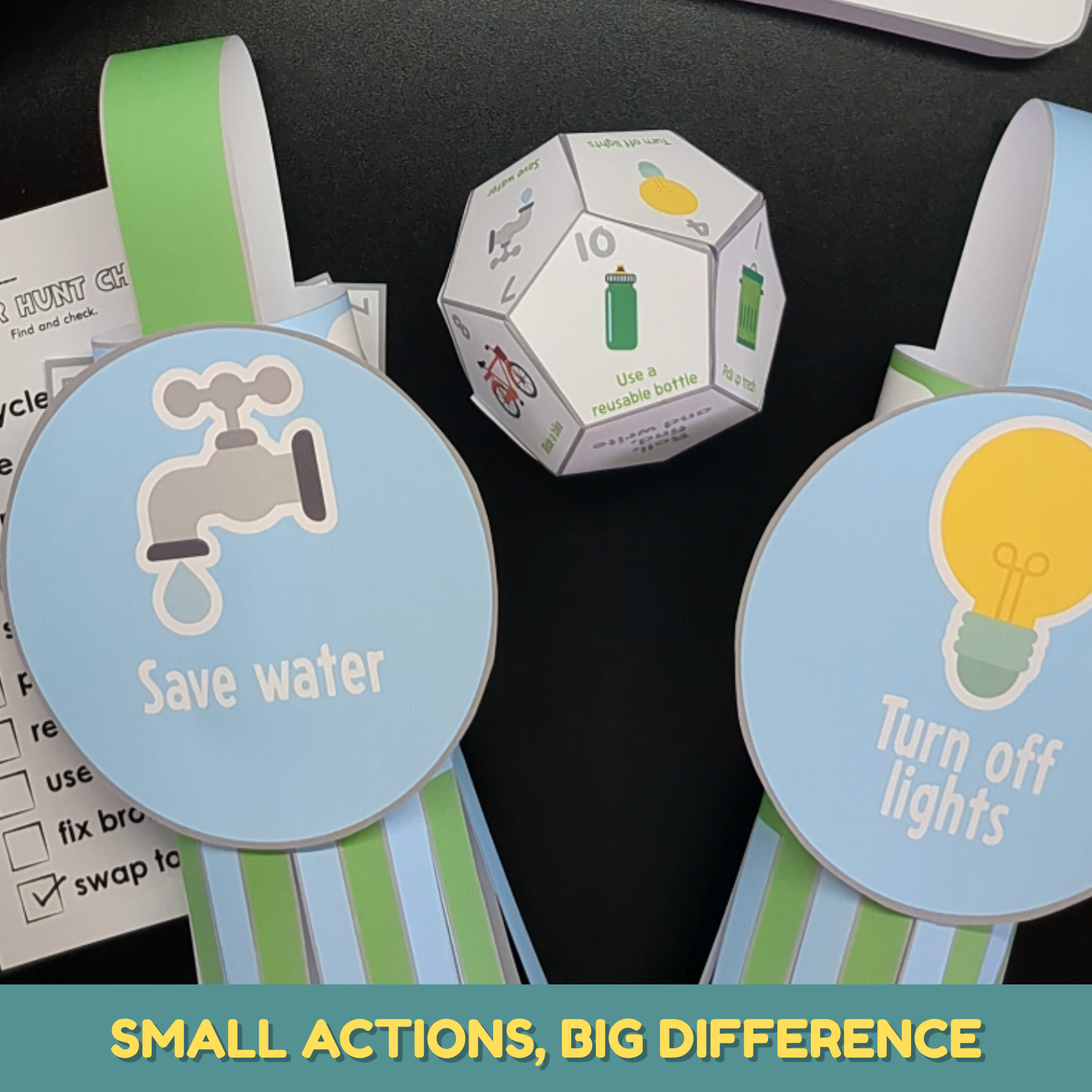 Earth Day crafts for kids featuring save water and turn off lights activities and an eco-friendly printable dice game.