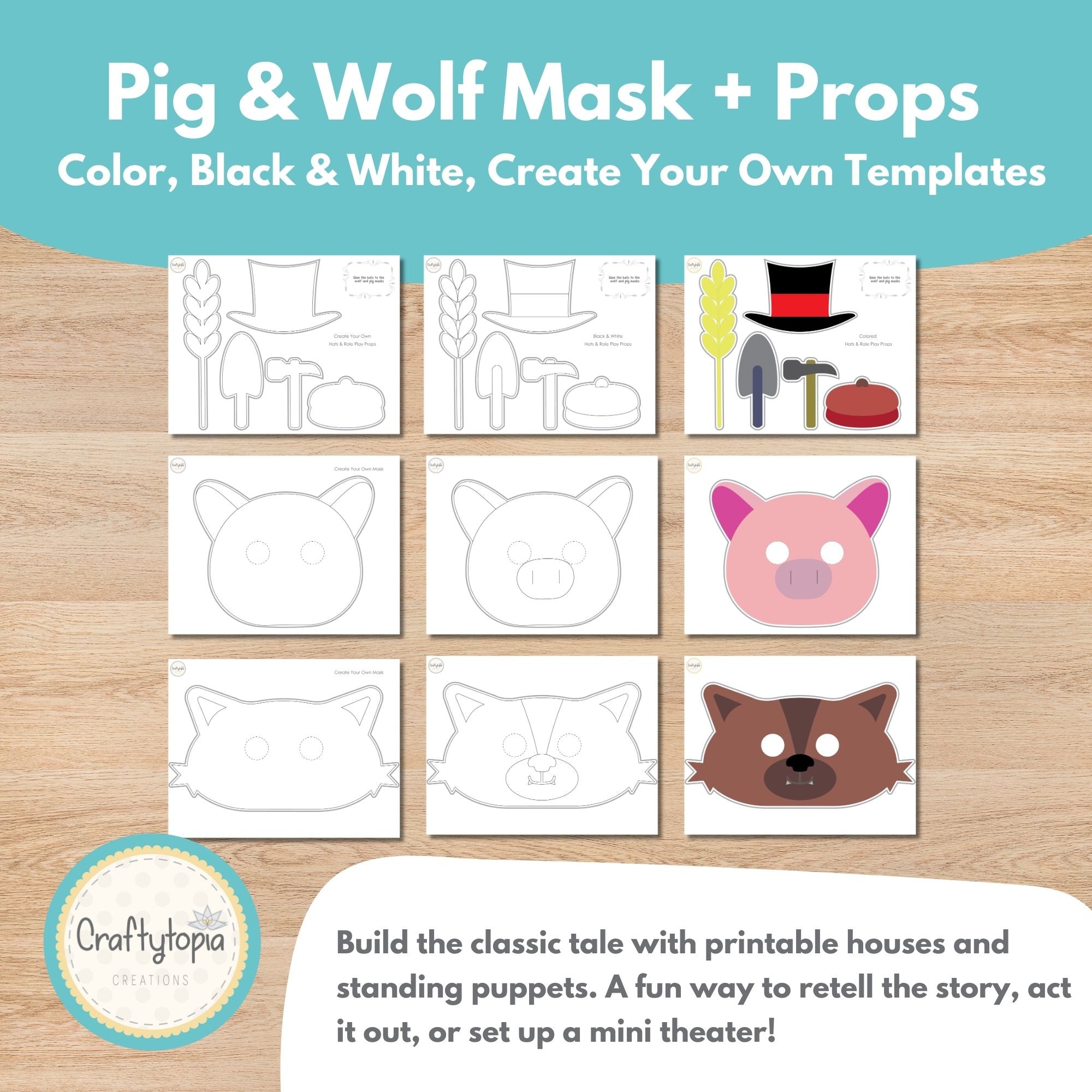 Printable Three Little Pigs Puppets Scene Kids Activity