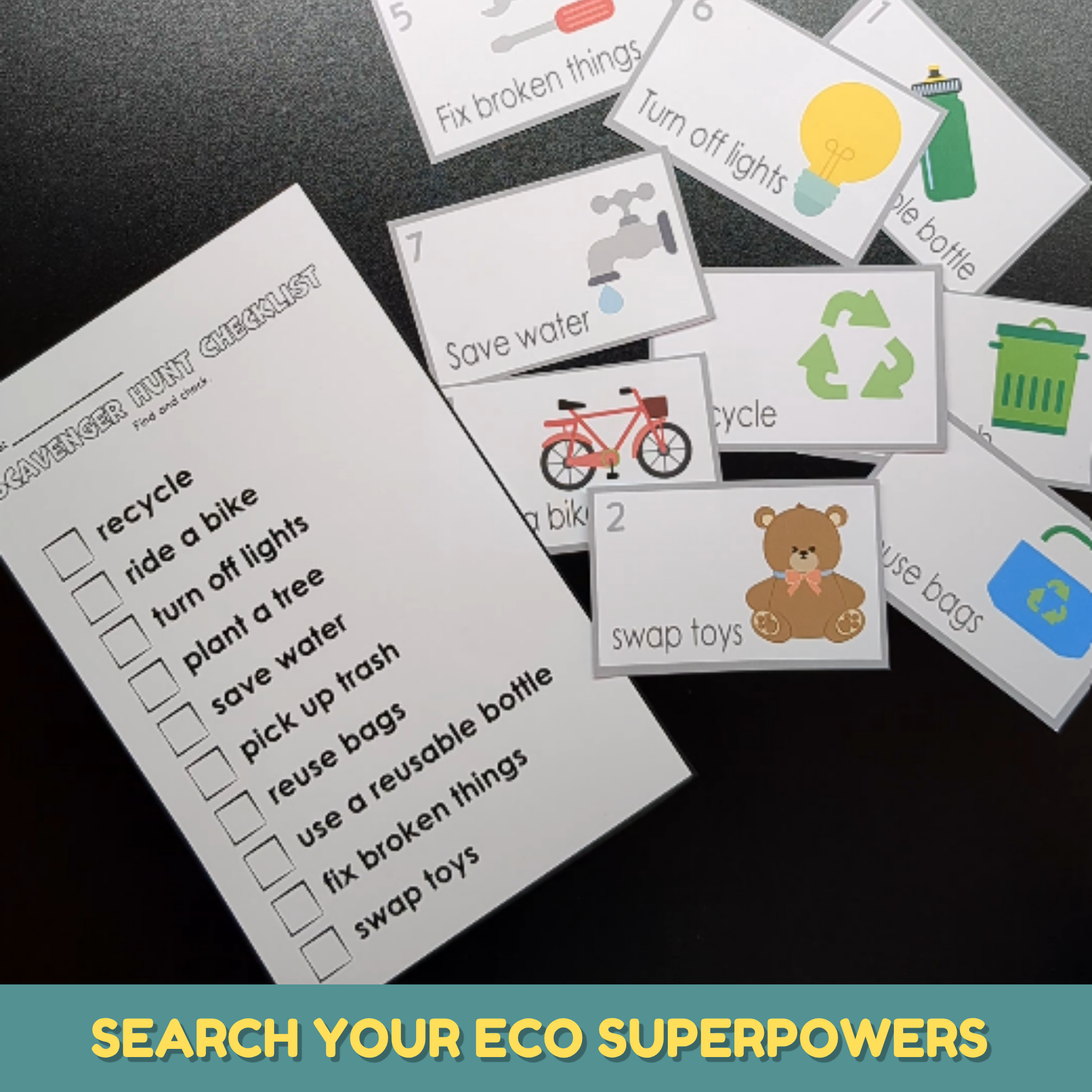 Earth Day printable activities for kids featuring recycling, biking, saving water, and other eco-friendly action cards.