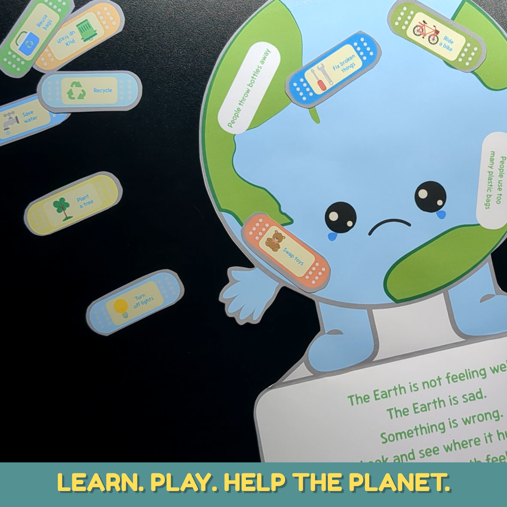 Earth Day activities for kids featuring a cute Earth character and printable cards for learning eco-friendly habits.