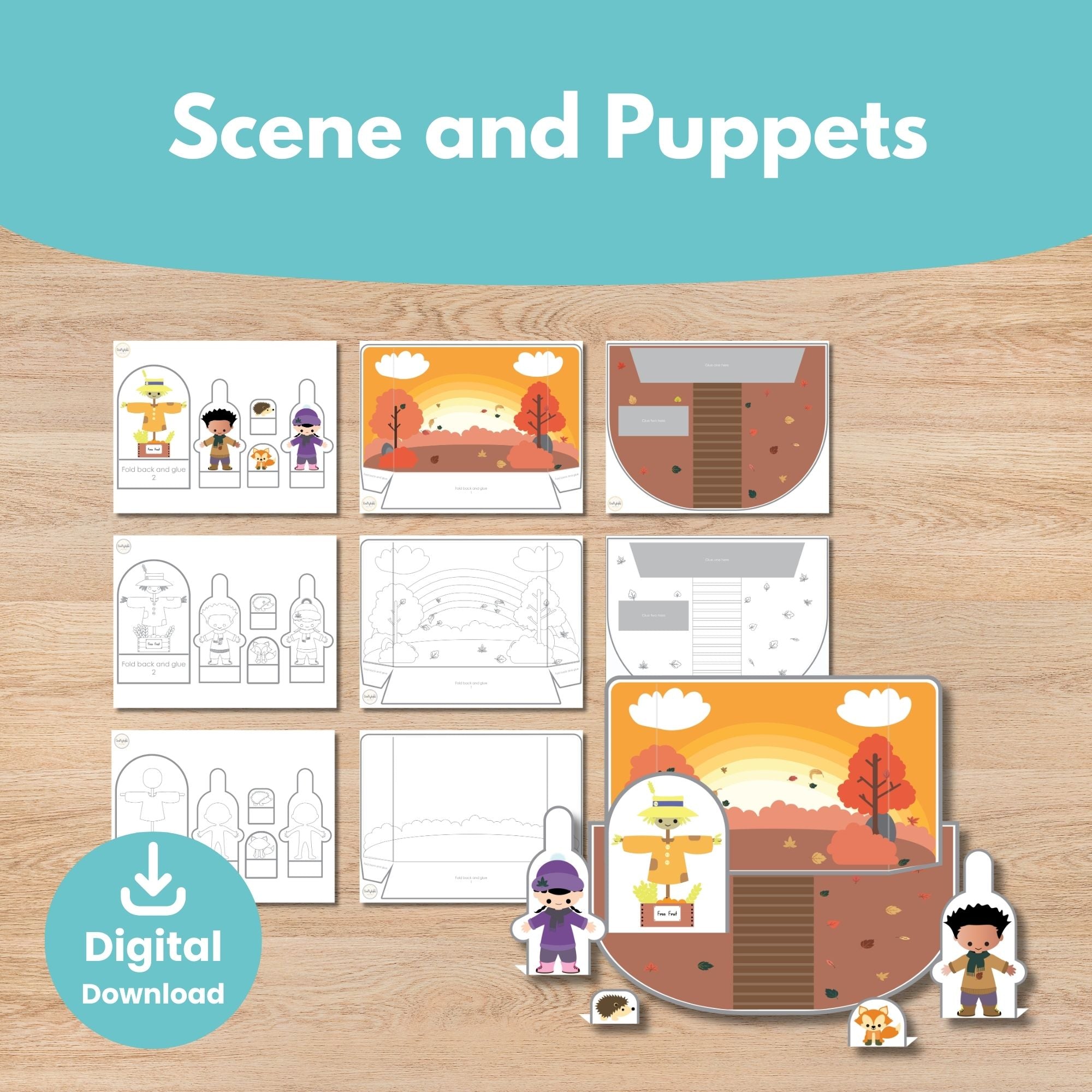 Printable Fall Scene Puppets and Writing Kids Activity