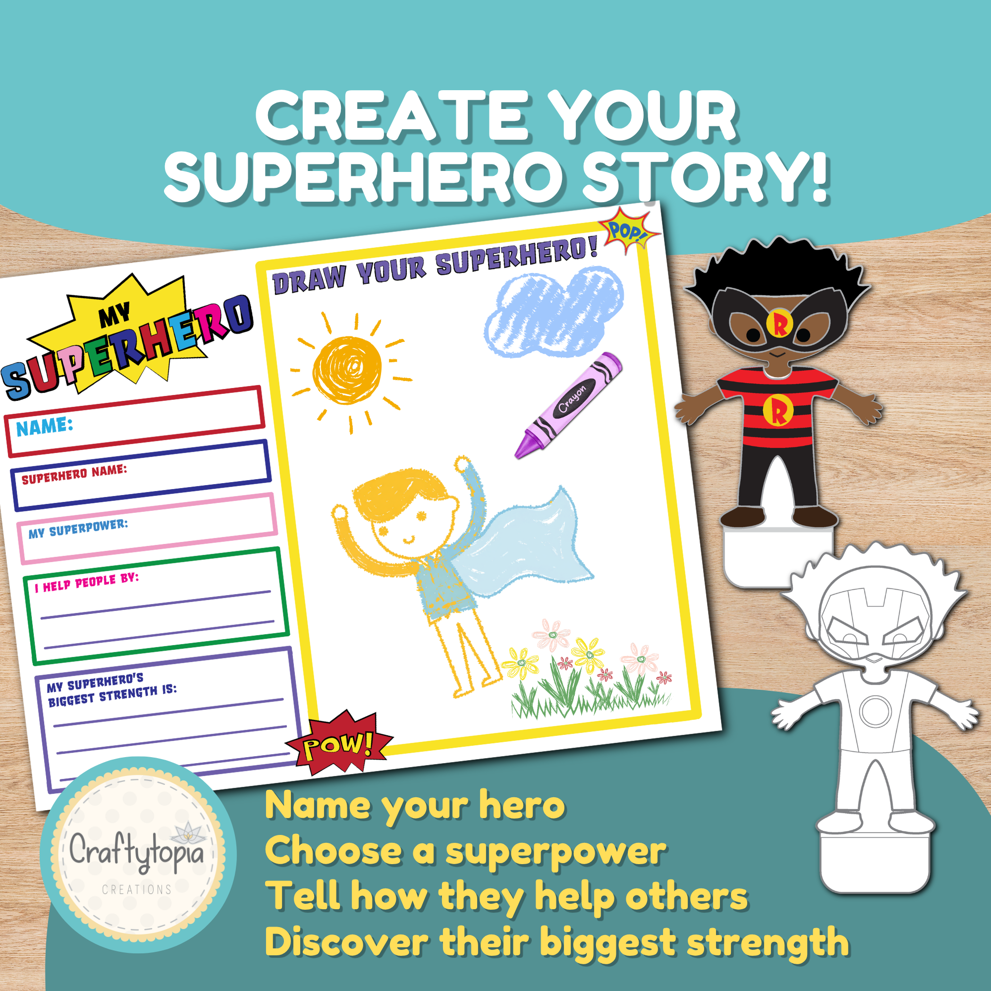 Printable superhero puppet craft showing character templates, hairstyles, masks, costumes, and accessories. Encourages creativity, storytelling, self-expression, and imaginative play at home or in the classroom.