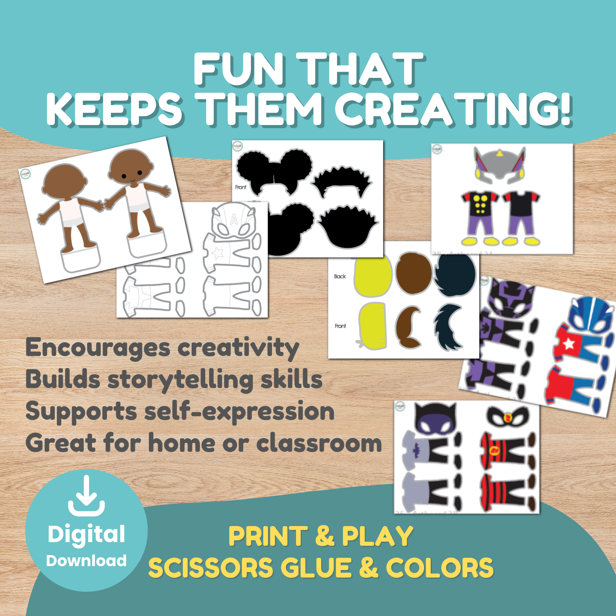 Build Your Own Superhero printable craft featuring four finished superhero puppets with different characters, costumes, and masks. Kids can mix and match pieces, create characters, and play or tell stories.
