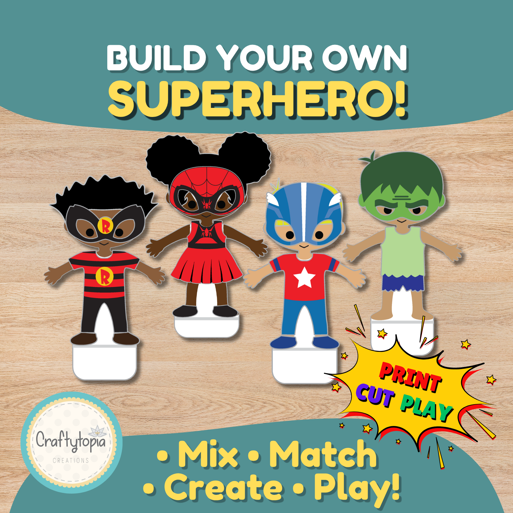Build Your Own Superhero printable craft showing a customizable superhero puppet with different hair, masks, and costumes to mix and match. Includes digital download and creative play activity.