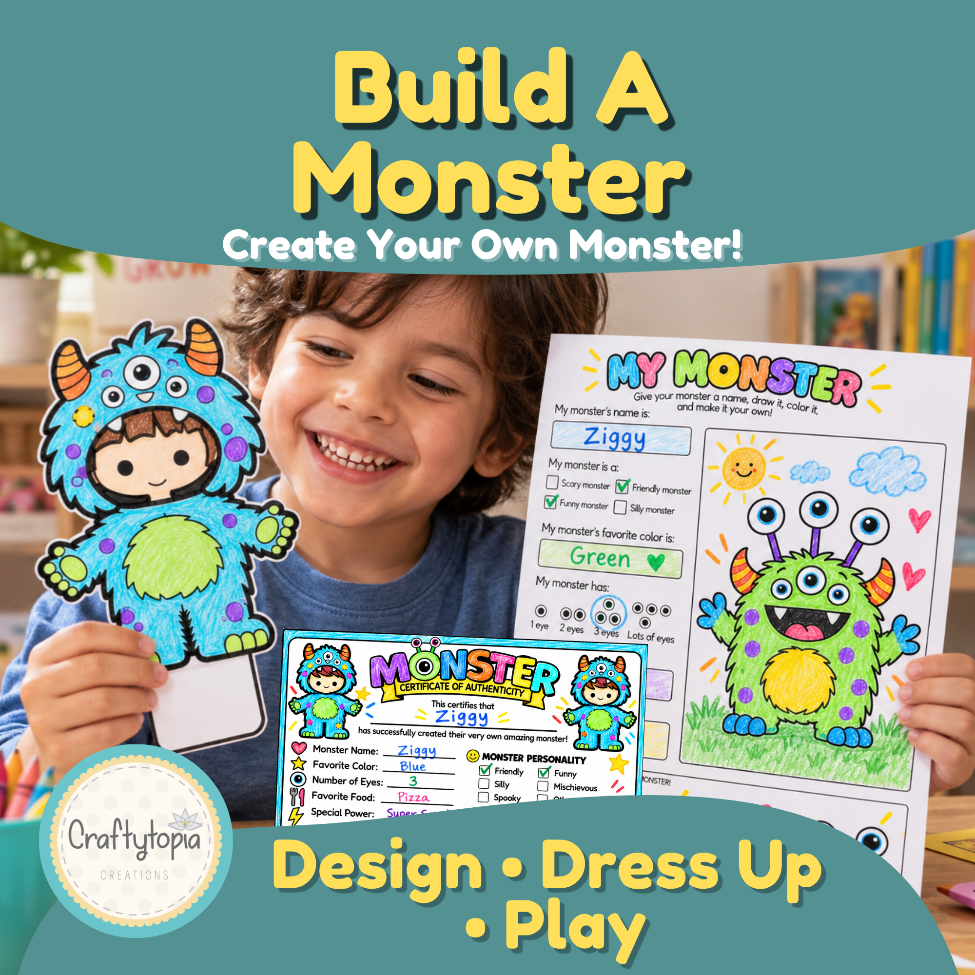 Build a Monster printable craft for kids featuring a child holding a colorful monster dress-up puppet, monster design worksheet, and Certificate of Authenticity.