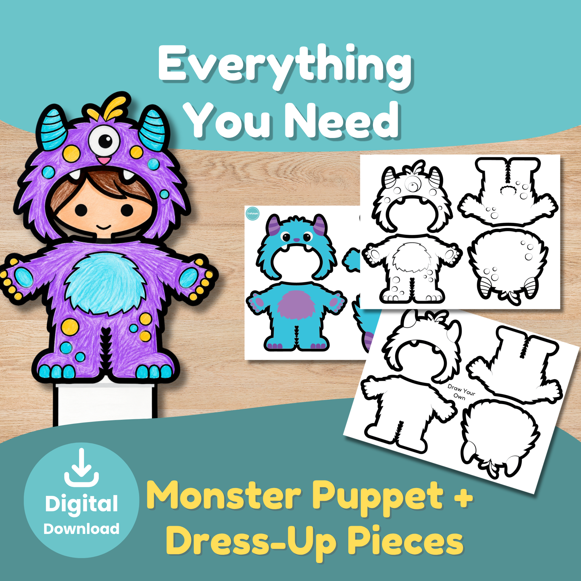 Build a Monster printable activity featuring monster worksheets, colorful monster puppets, and a Certificate of Authenticity children can complete after creating their own monster.