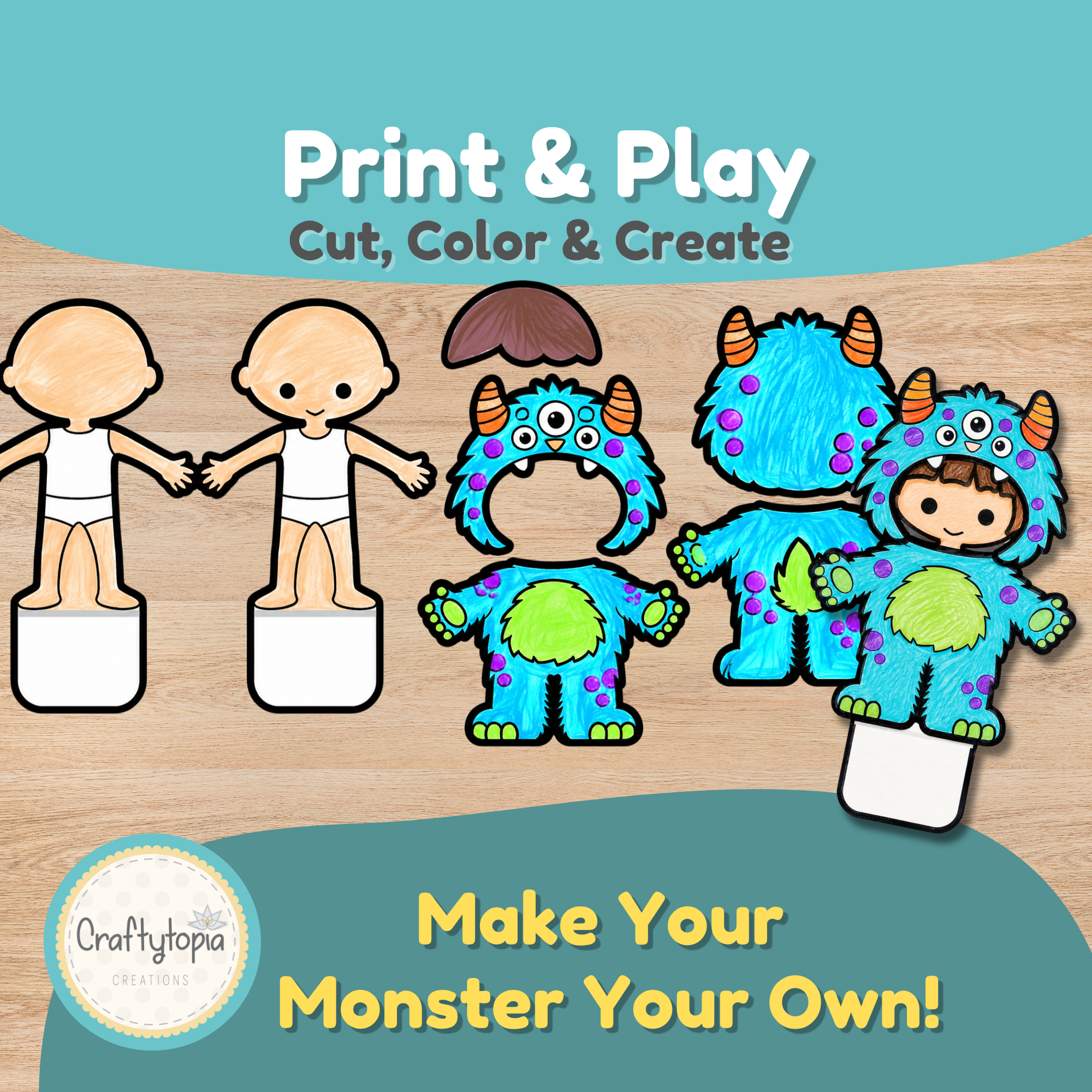 Build a Monster print-and-play craft showing printable character templates, monster costume pieces, and a completed colorful monster puppet for kids to cut, color, and create.