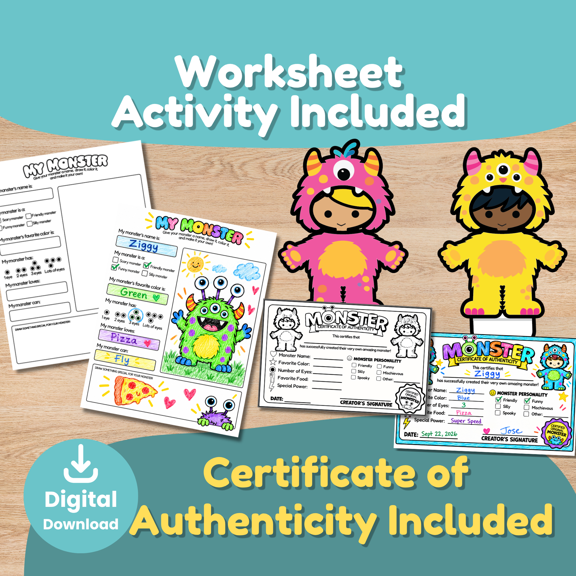 Build a Monster printable puppet kit with a colorful monster puppet, printable dress-up pieces, and black-and-white monster templates for kids to color and create.