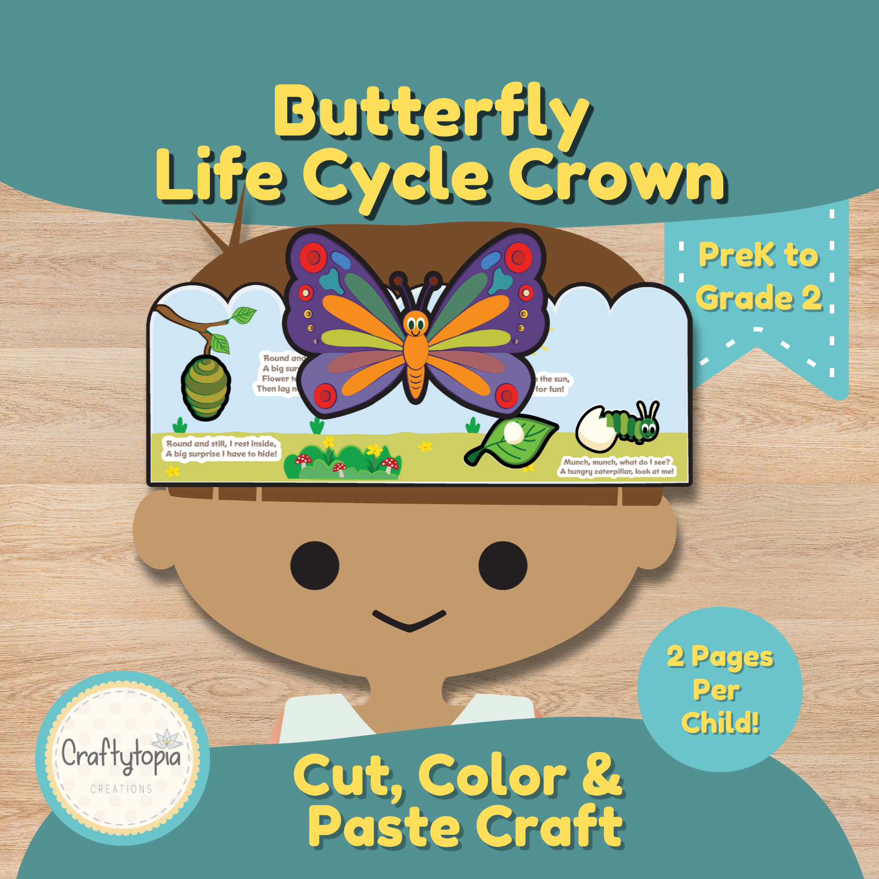 Printable butterfly life cycle crown craft for kids with cut-and-paste egg, caterpillar, chrysalis, and butterfly pieces
