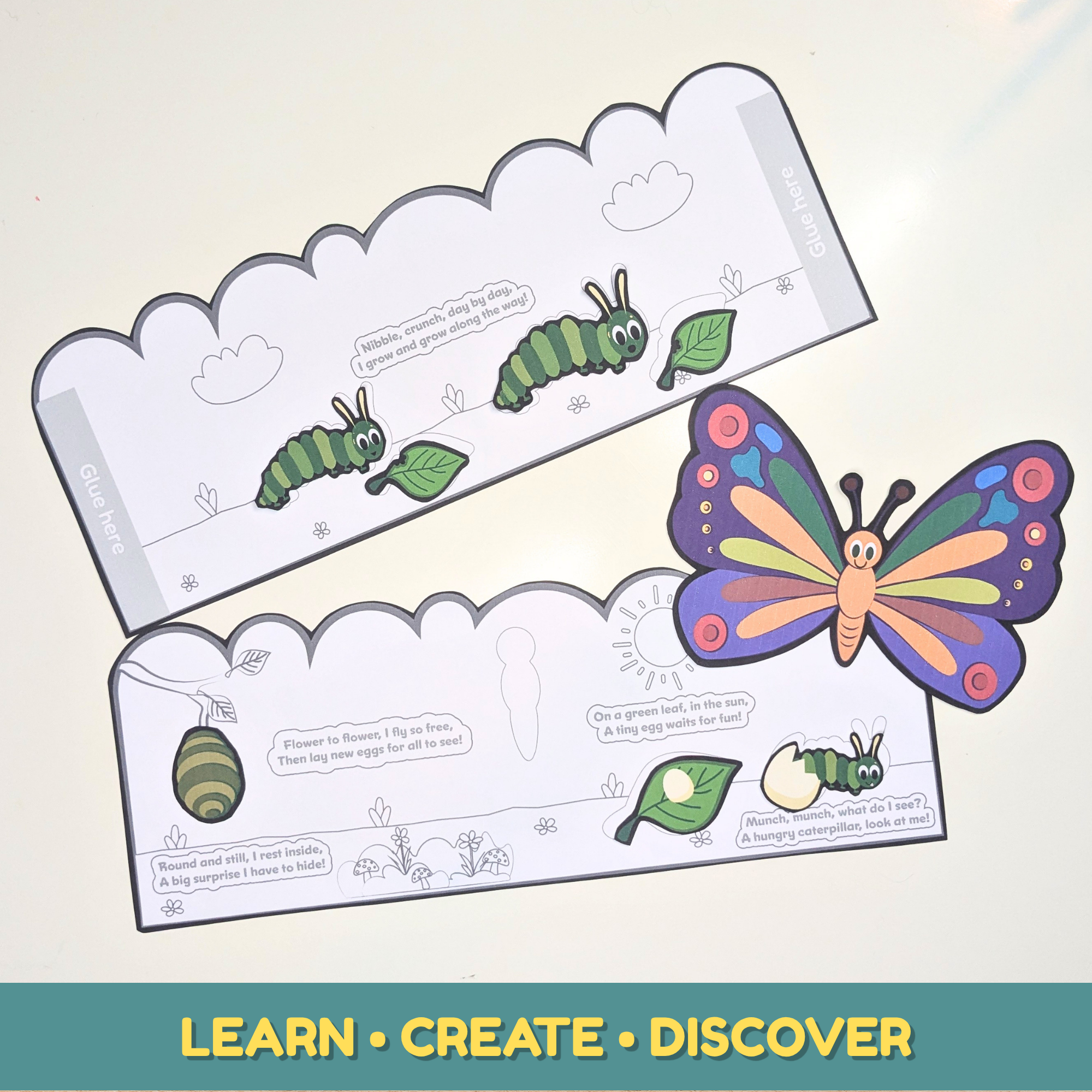 Caterpillar life cycle printable activity featuring caterpillars, leaves, butterfly, and black-and-white pages for kids to color, cut, and assemble.