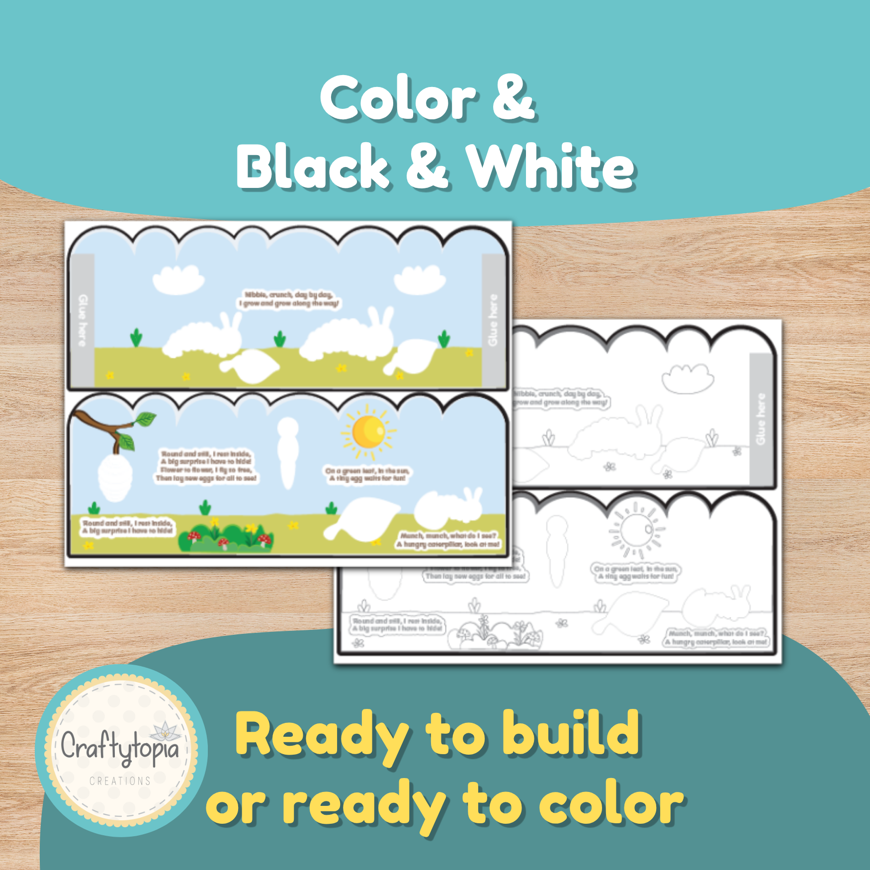 Butterfly life cycle printable craft in color and black and white versions for preschool and kindergarten science activities