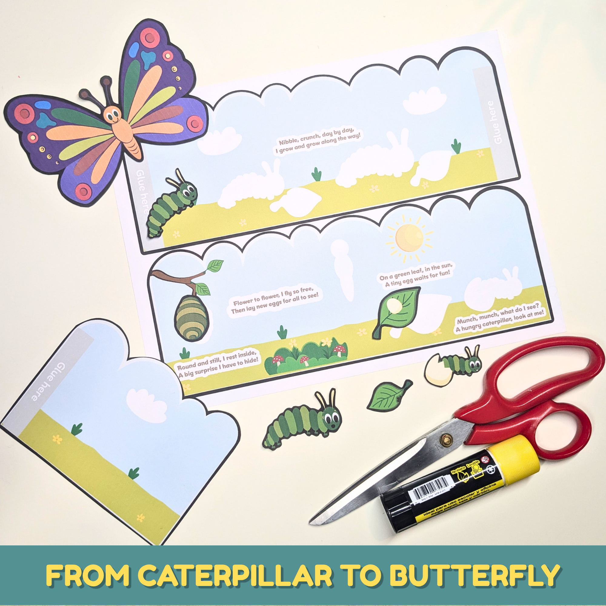 Caterpillar to butterfly life cycle craft showing assembled story panels, caterpillar, chrysalis, butterfly, leaves, scissors, and glue for a hands-on learning activity.