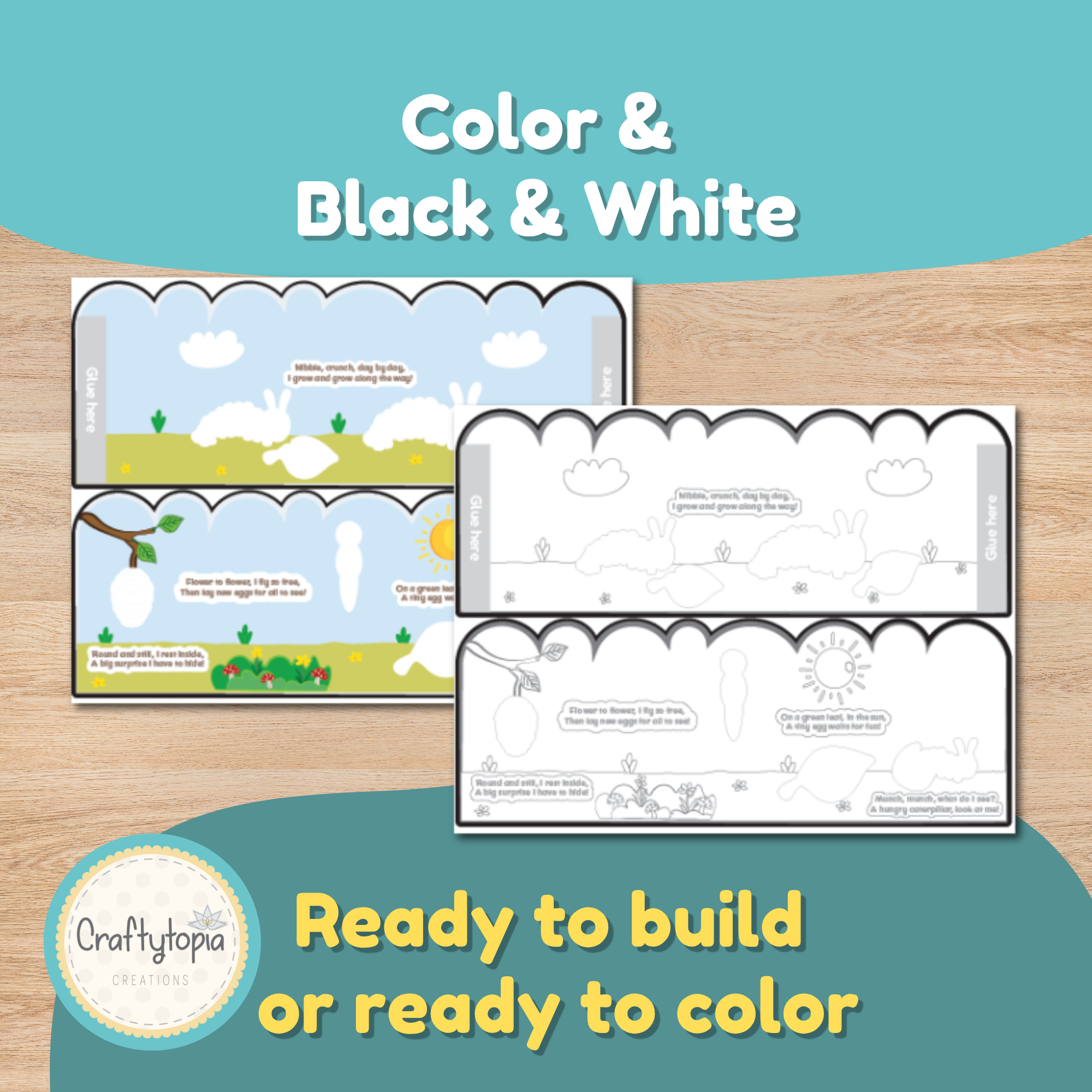 Butterfly life cycle printable craft in color and black and white versions for preschool and kindergarten science activities