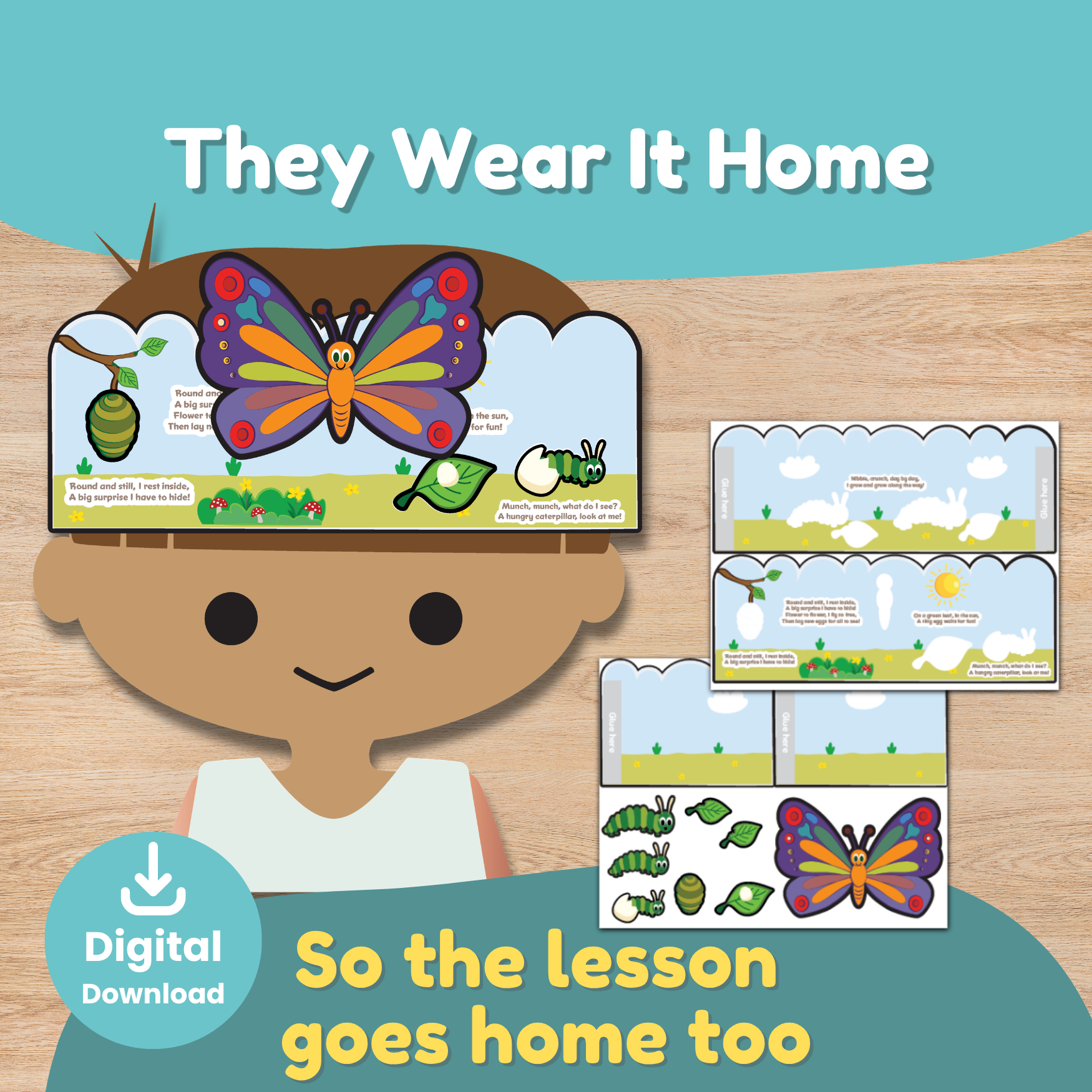 Butterfly life cycle crown printable with cut, color, and paste activity for preschool, kindergarten, and early elementary students