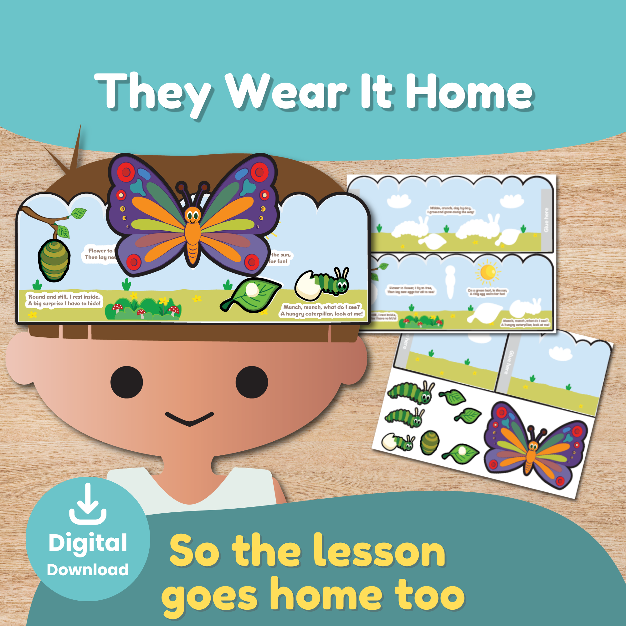 Butterfly life cycle crown printable with cut, color, and paste activity for preschool, kindergarten, and early elementary students