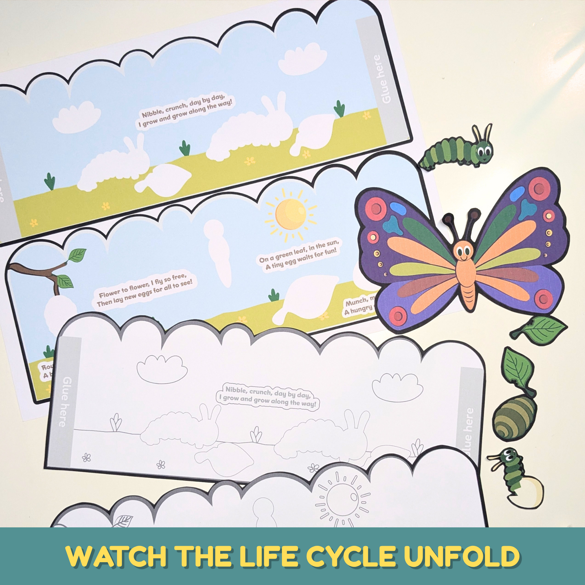 Caterpillar to butterfly life cycle printable craft showing colorful life cycle scenes, caterpillar, butterfly, leaves, and story panels for kids to color, cut, and build.