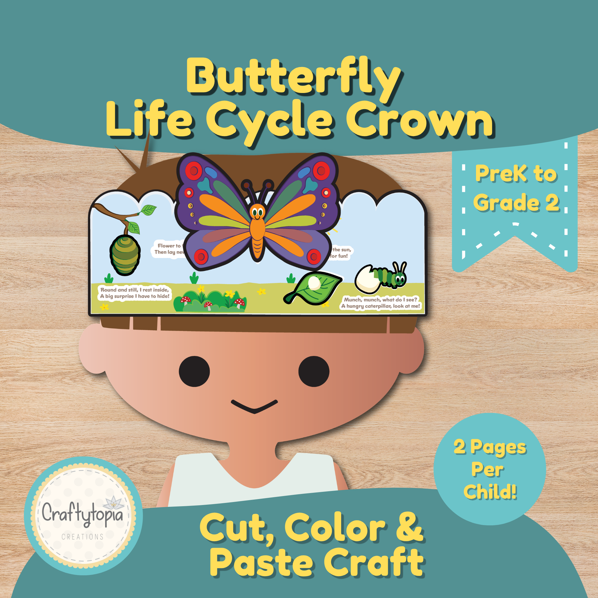 Printable butterfly life cycle crown craft for kids with cut-and-paste egg, caterpillar, chrysalis, and butterfly pieces
