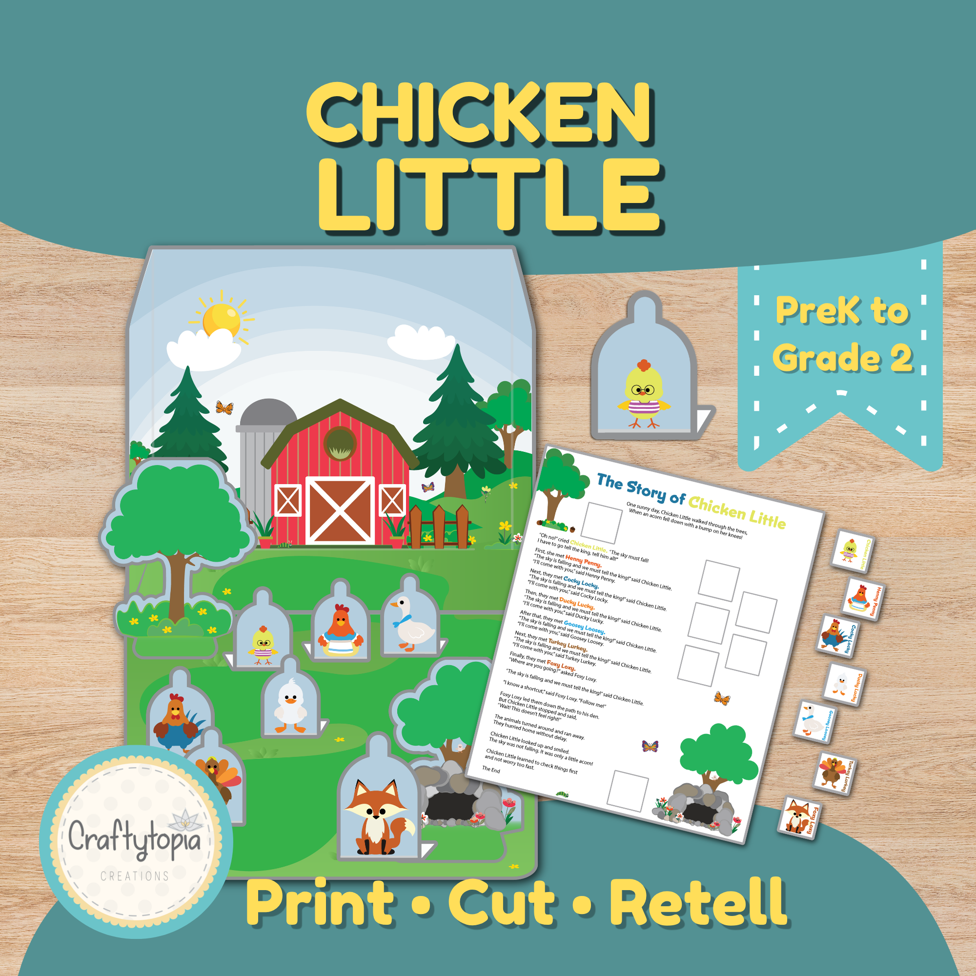 Chicken Little printable puppets and 3D scene story retell craft for speech therapy, PreK, kindergarten, and first grade