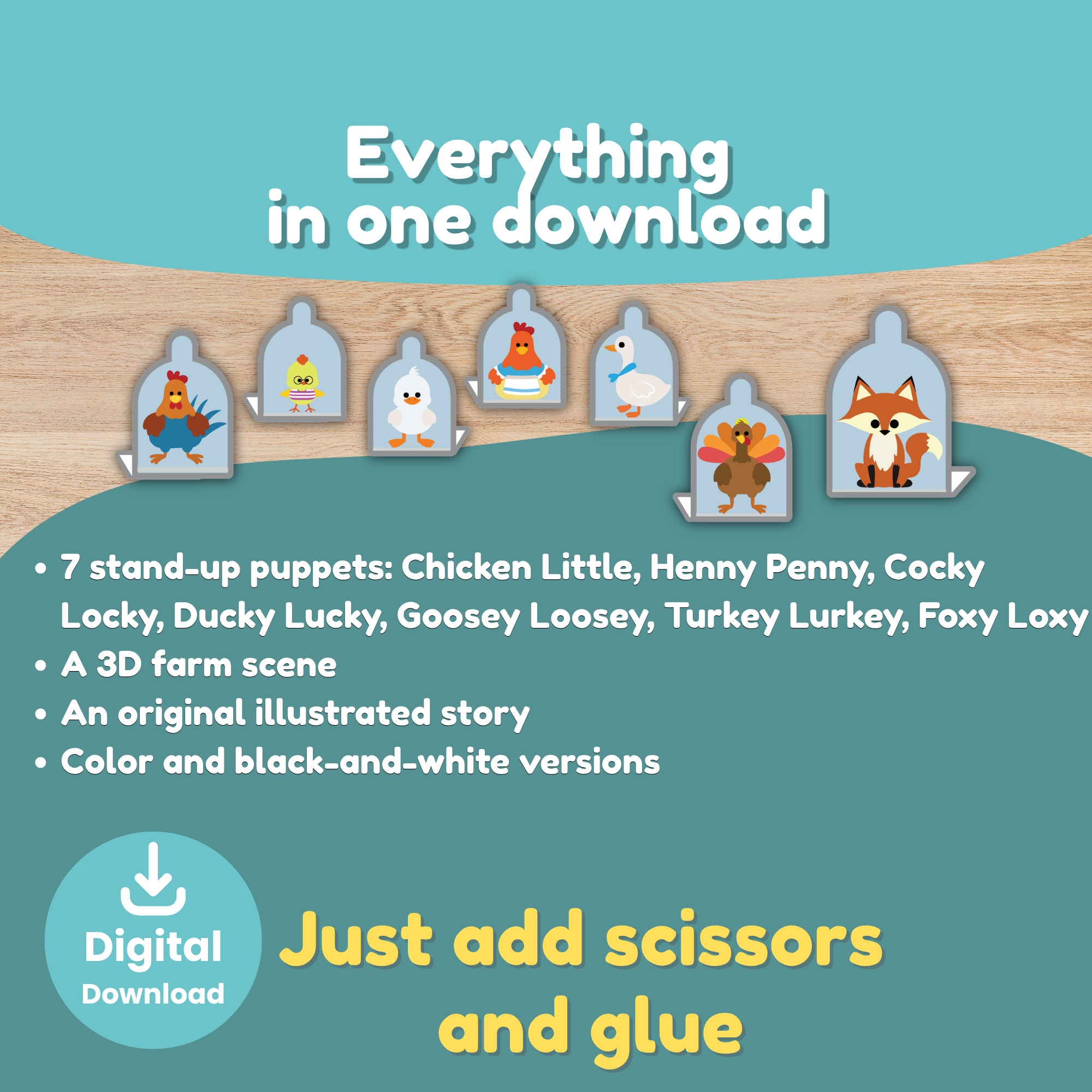 Chicken Little printable 3D barn scene in color and black and white with matching cut and paste paper puppets