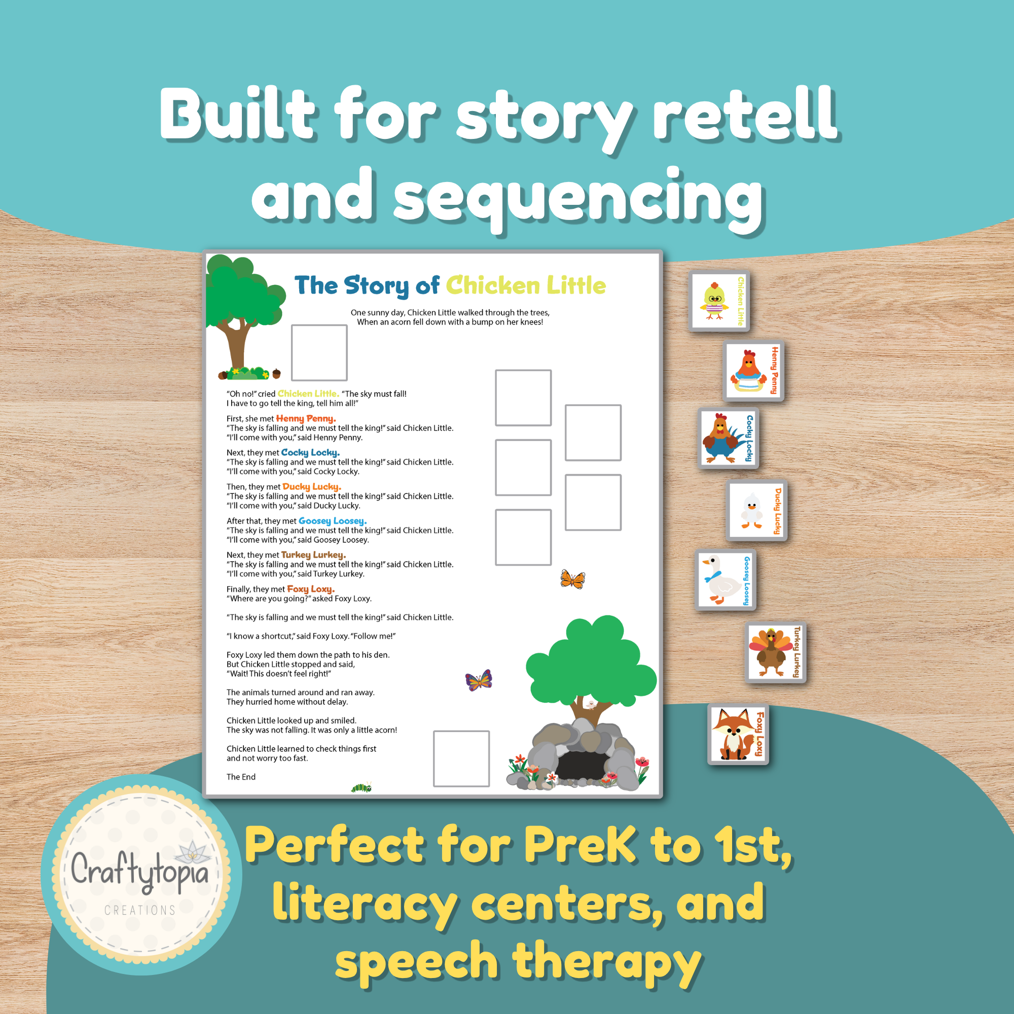 Chicken Little paper puppet set with seven stand-up characters, 3D farm scene, and original story in one printable download