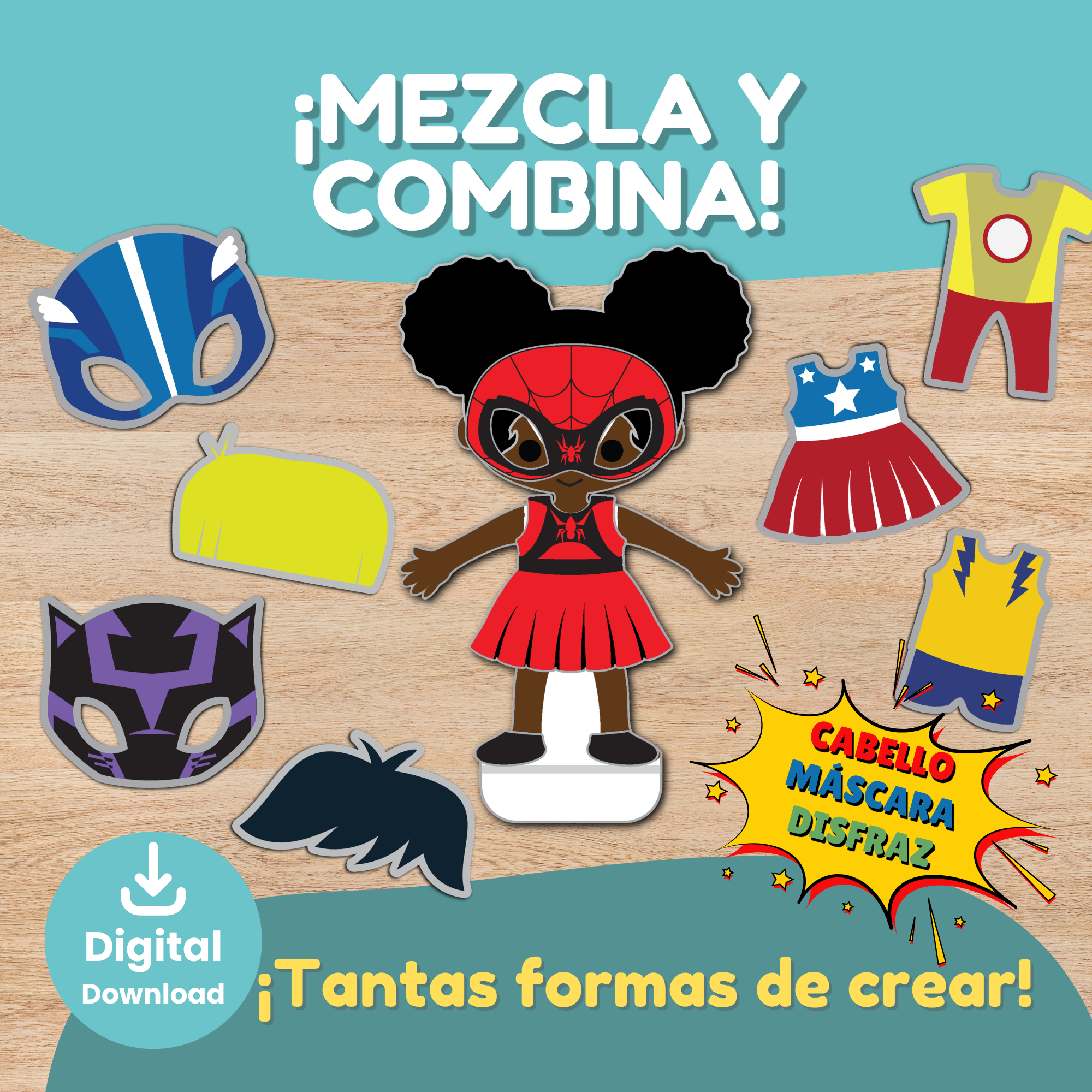 Actividad imprimible de superhéroe para combinar que muestra un títere de papel de pie rodeado de máscaras, peinados y piezas de disfraz intercambiables con las que los niños diseñan un héroe original.