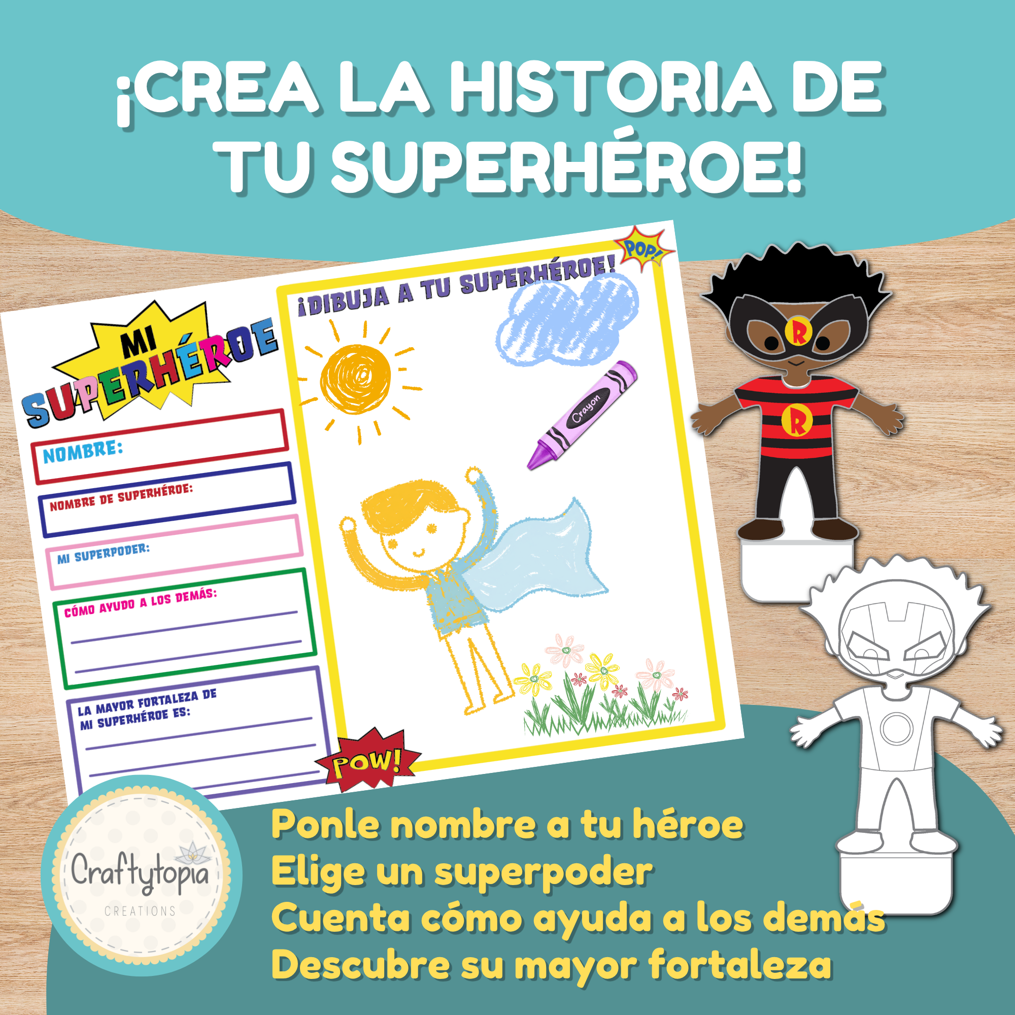 Actividad imprimible de escritura y dibujo Mi Superhéroe con espacios para el nombre, el nombre de superhéroe, el superpoder, cómo ayuda a los demás y la mayor fortaleza, más un espacio grande para dibujar al héroe.