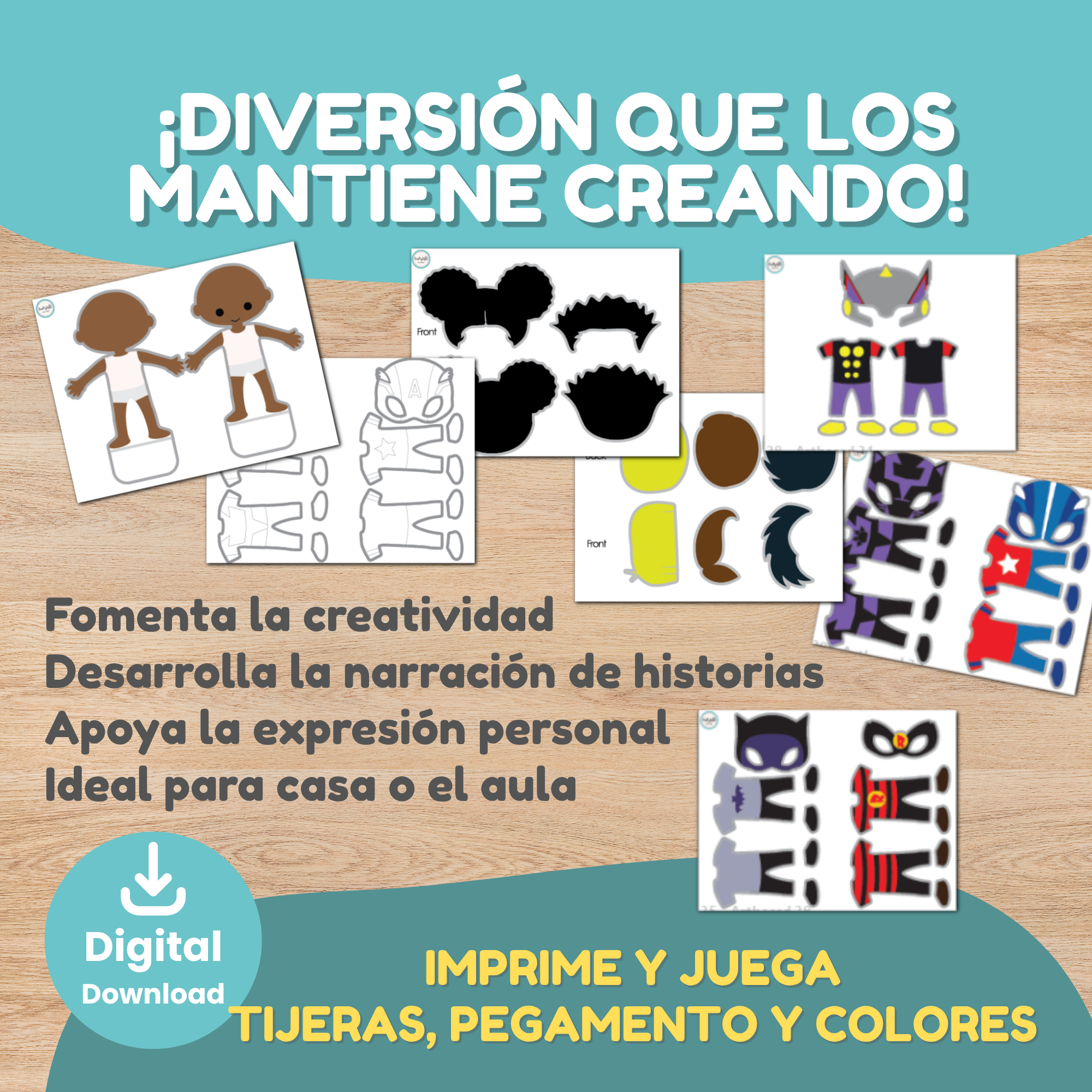 Manualidad imprimible Crea Tu Propio Superhéroe con plantillas de títere, piezas de disfraz, máscaras y peinados a color y en blanco y negro con varios tonos de piel. El texto destaca creatividad, narración, expresión personal, uso en casa y en el aula, y descarga digital.