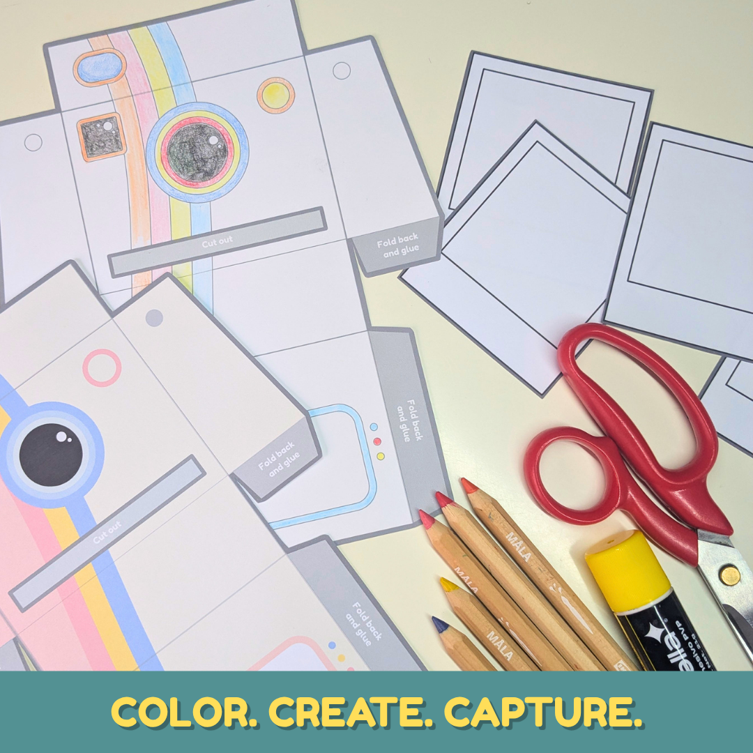 Kids printable camera craft with a paper camera and photo frames to color, assemble, and use for imaginative pretend play.