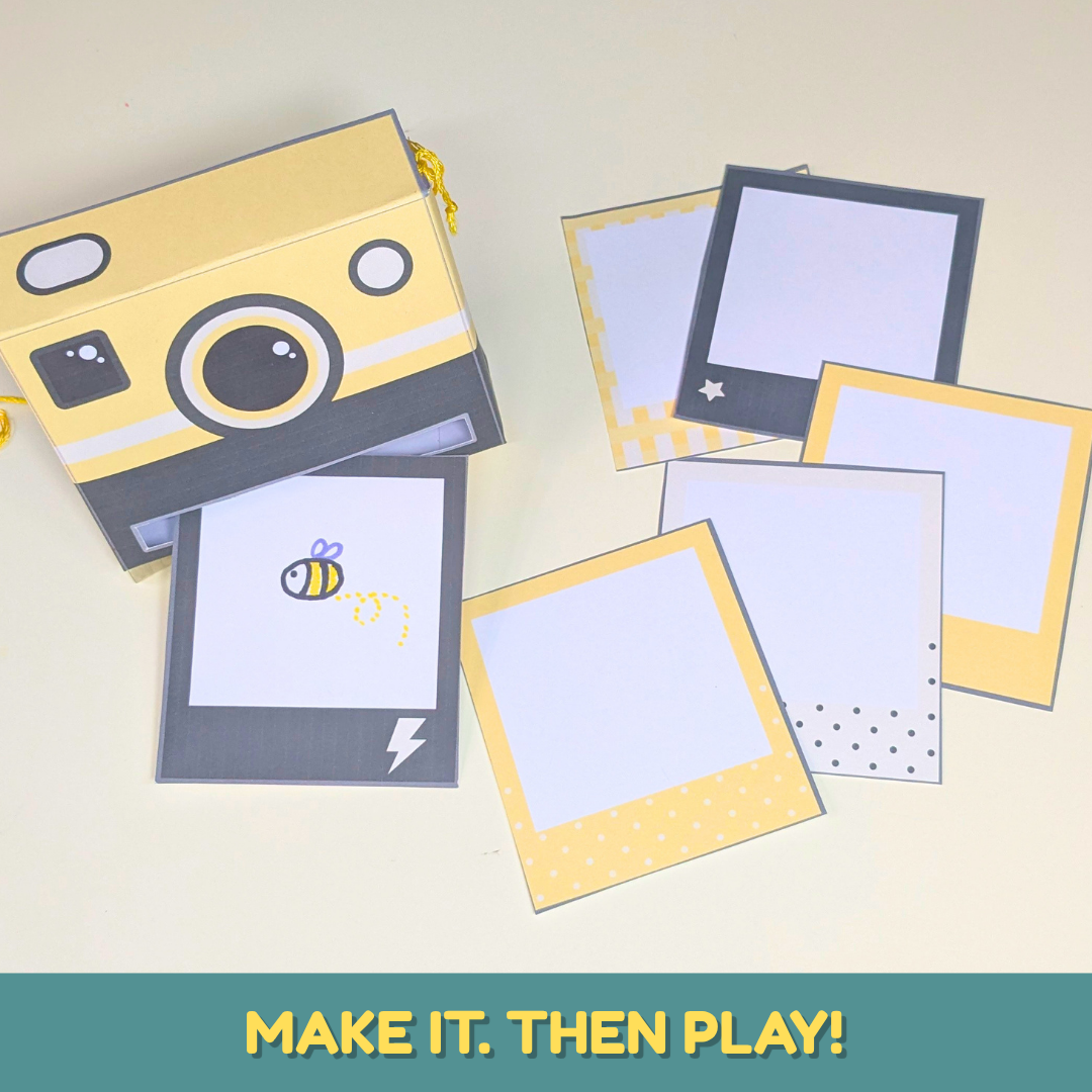 Printable paper camera craft for kids with cut-and-build pieces, colorful designs, and photo frames for hands-on creative play.