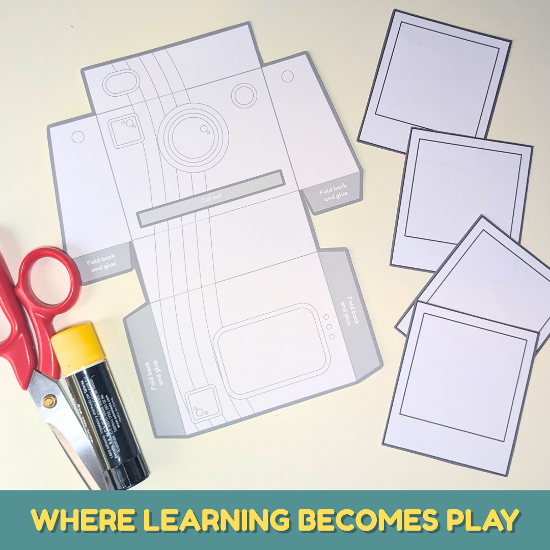 Educational printable camera activity for kids that combines coloring, cutting, building, and imaginative pretend play.
