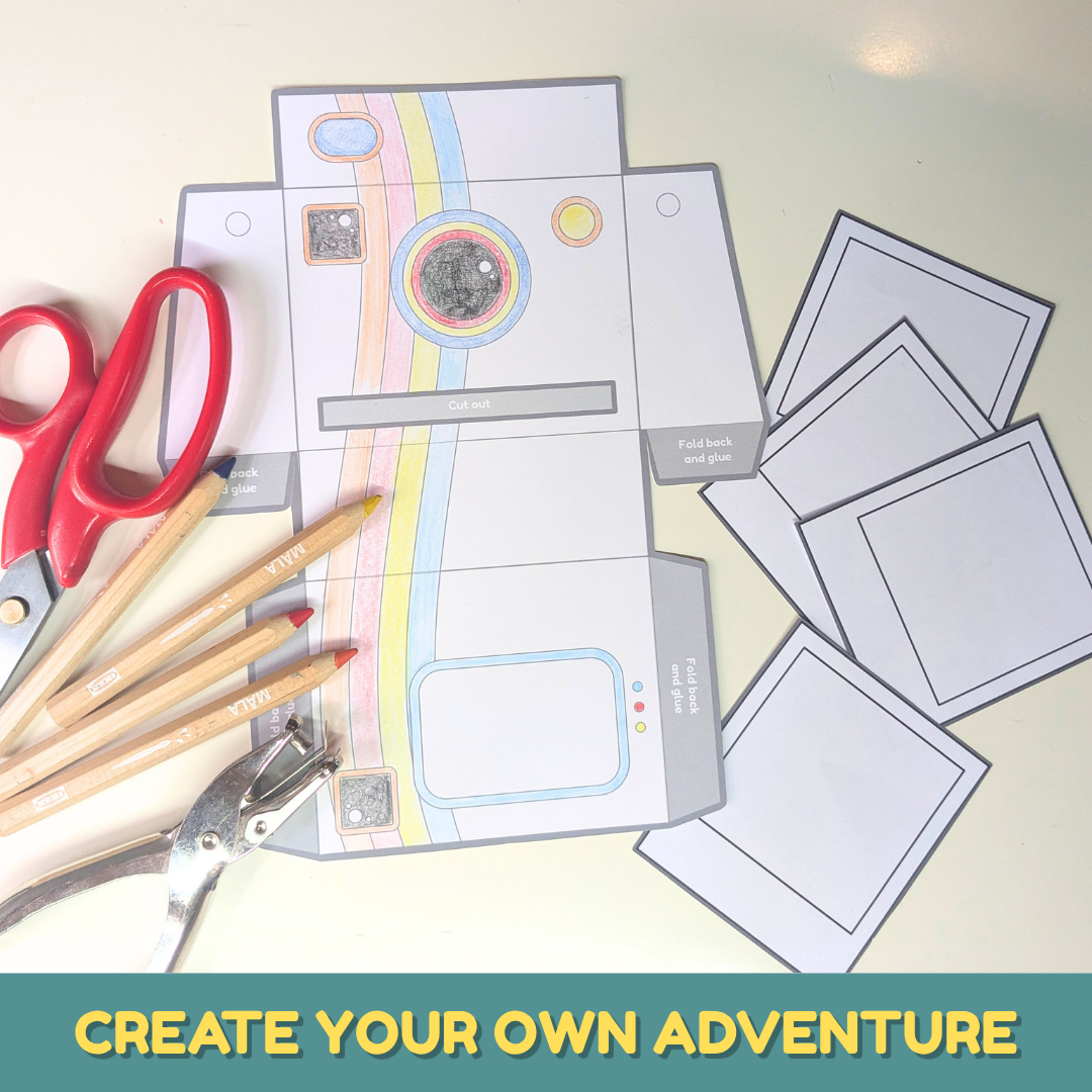 Printable camera craft for kids with colorful camera pieces and photo frames, encouraging creativity, pretend photography, and imaginative play.